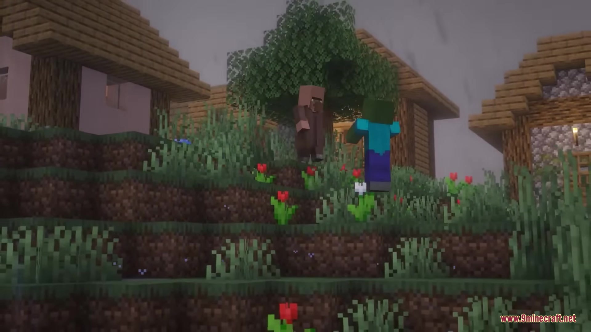 Villager Retaliation Mod Screenshot 1 A zombie chases a villager through a rainy village in Minecraft