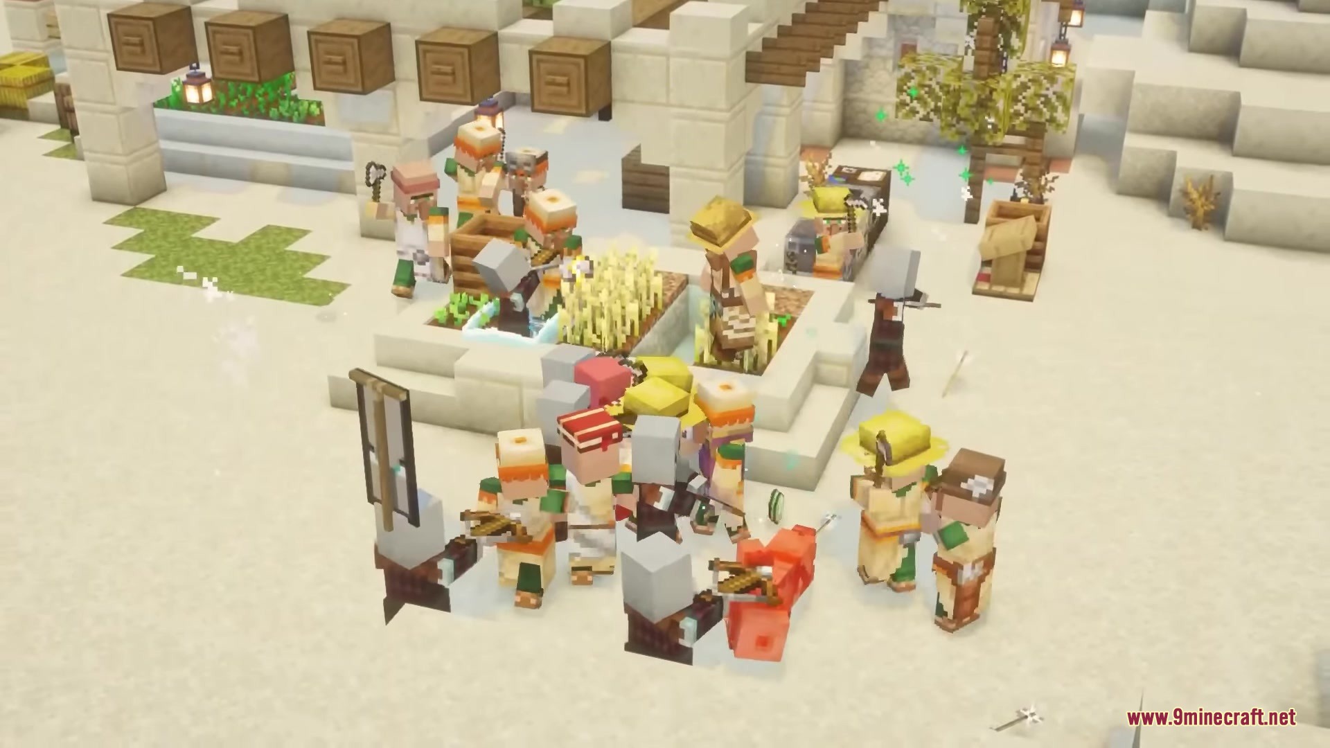 Villager Retaliation Mod Screenshot 2 Armed villagers fighting against pillagers in a desert village market area