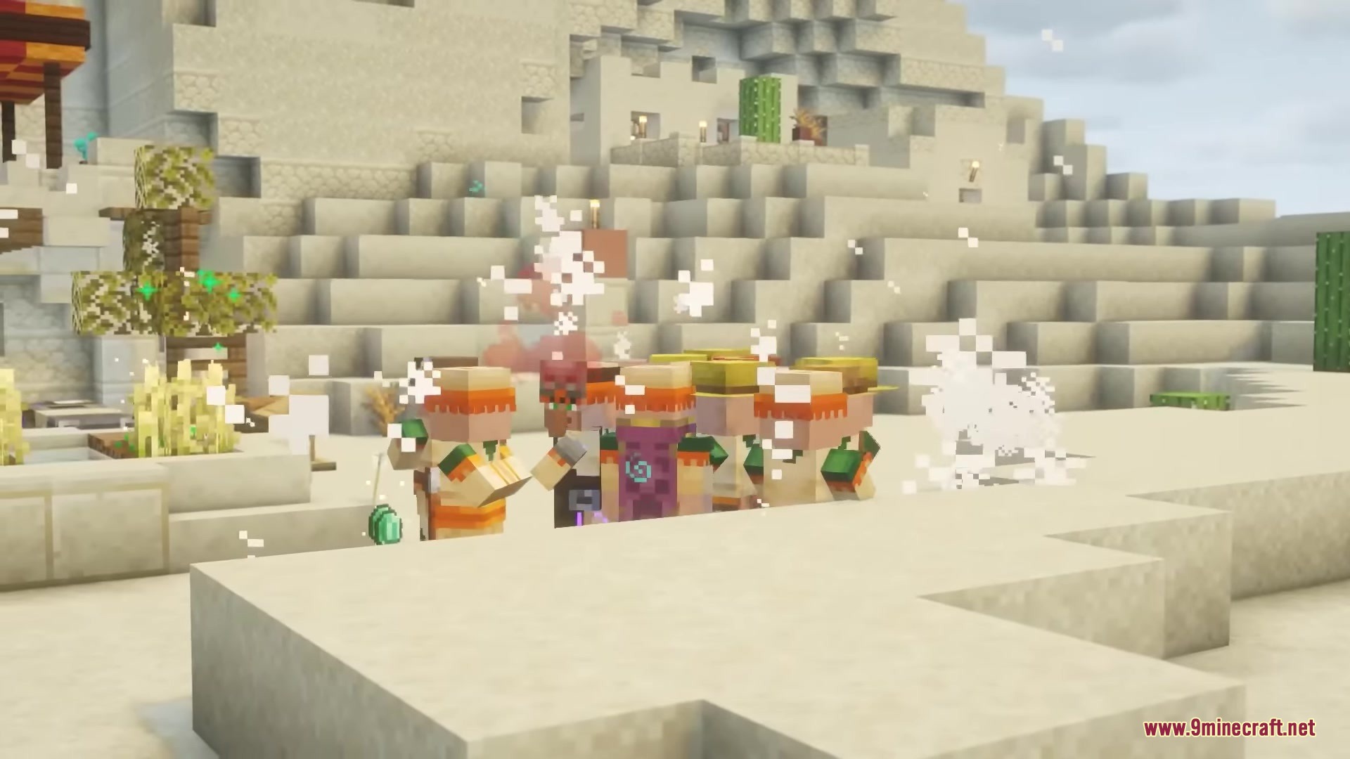 Villager Retaliation Mod Screenshot 4 Several desert villagers stand together as white smoke particles surround the group