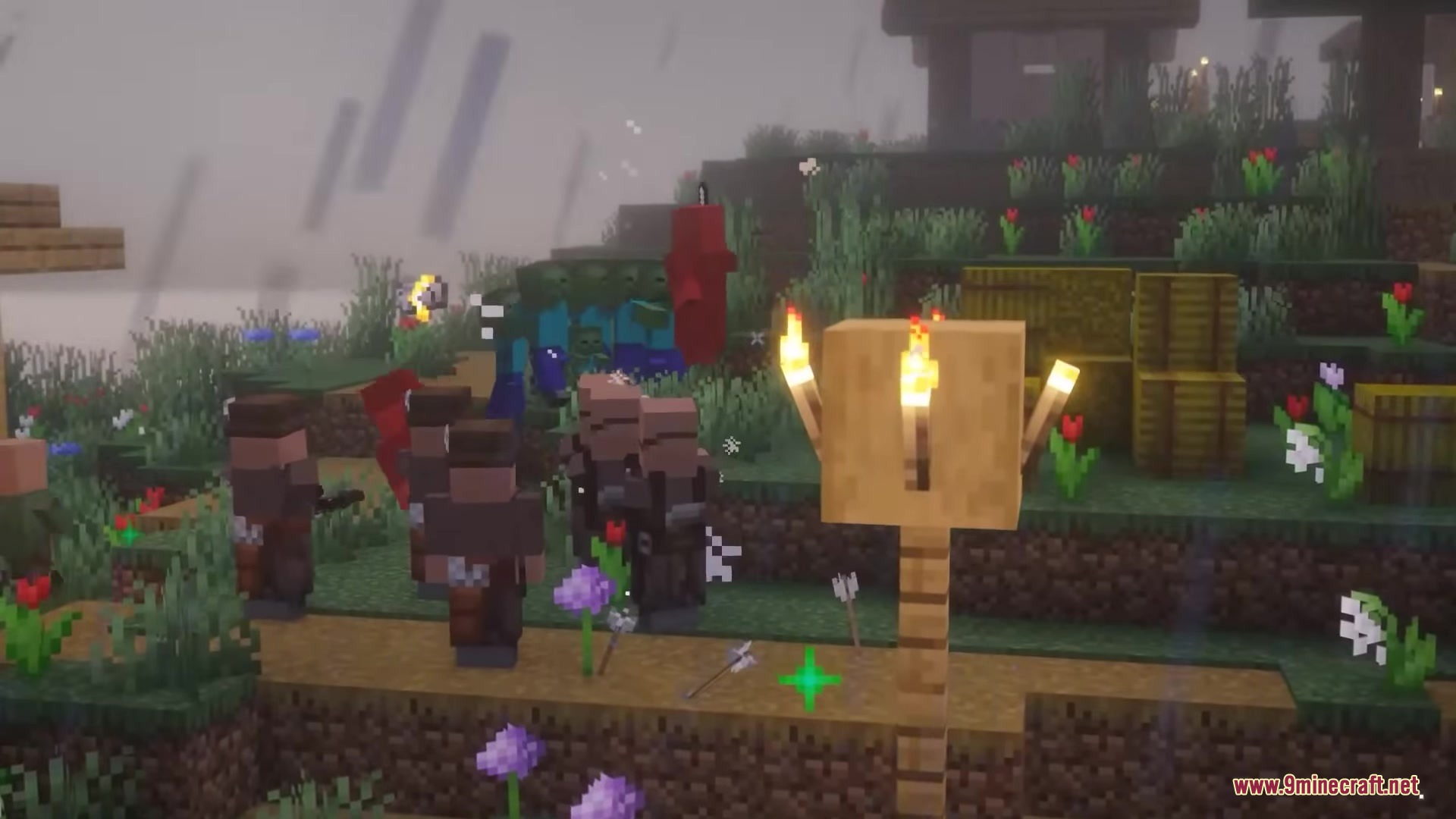 Villager Retaliation Mod Screenshot 5 Villagers in dark clothing defending their village from zombies in the rain