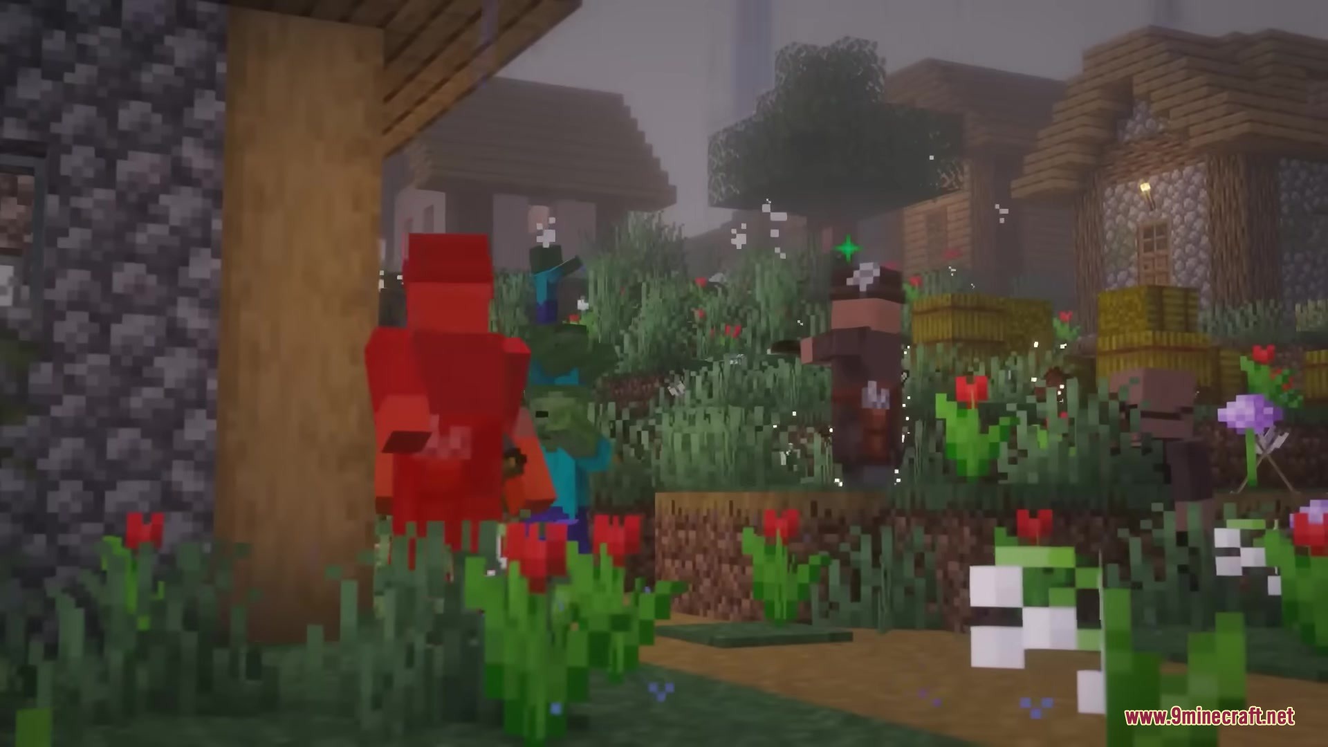 Villager Retaliation Mod Screenshot 6 A villager wearing a hat fighting a zombie in a foggy village