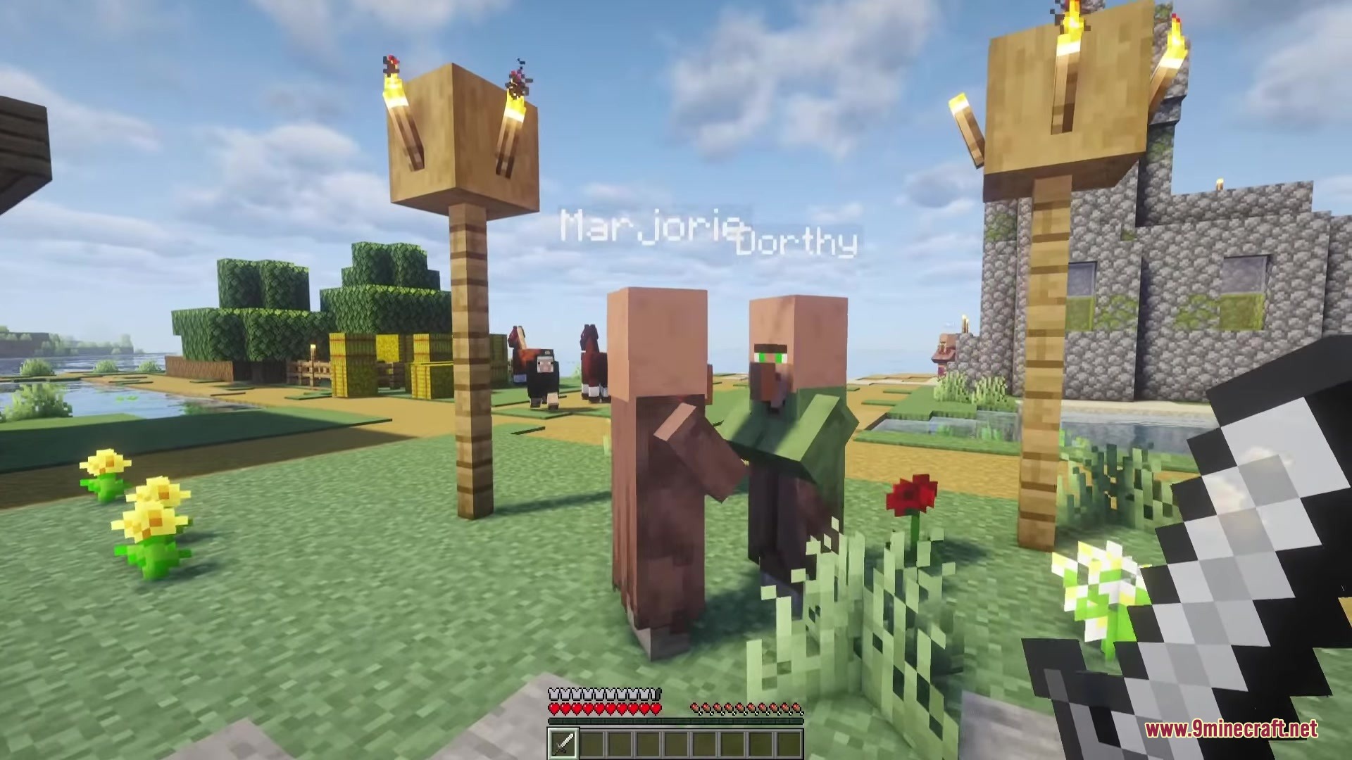 Villager Retaliation Mod Screenshot 7 Two named villagers standing near each other in a sunny Minecraft village