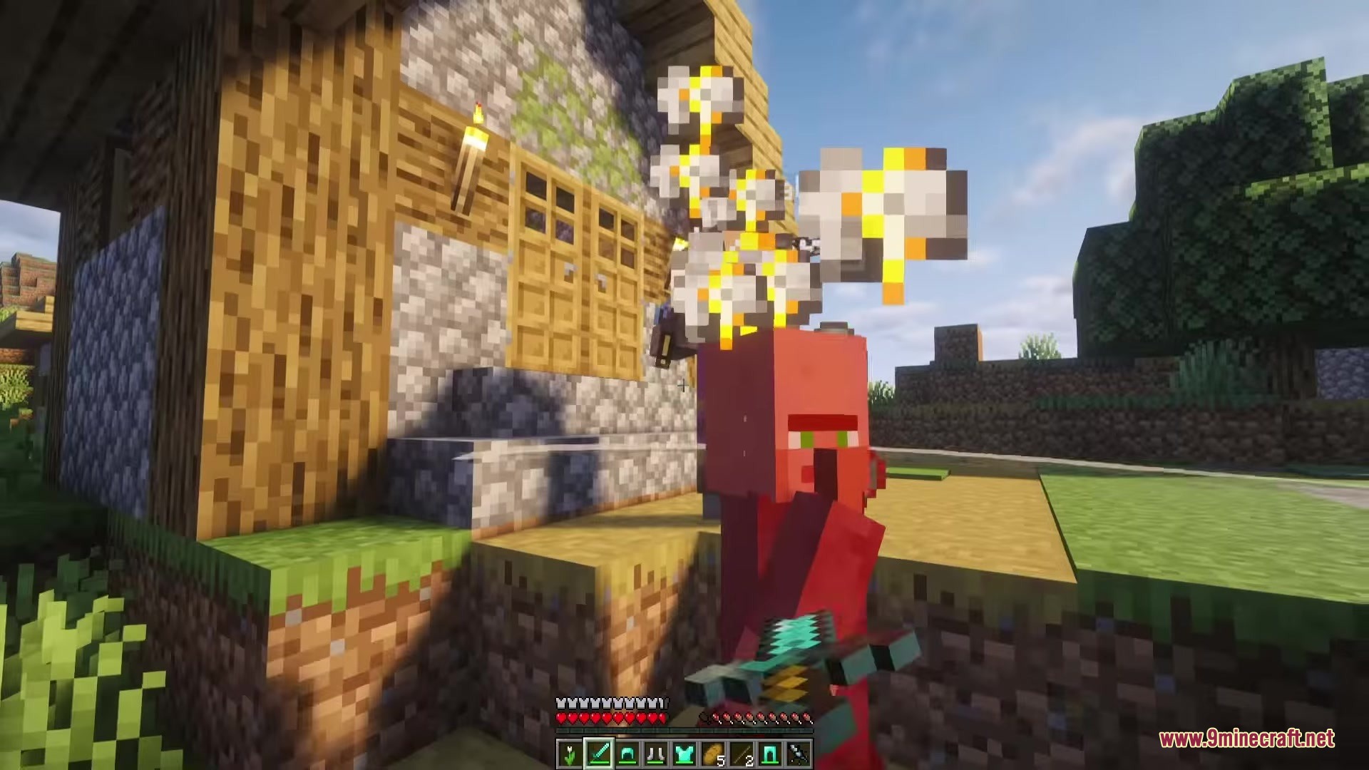 Villager Retaliation Mod Screenshot 9 A player attacks a villager with a sword causing damage particles to appear