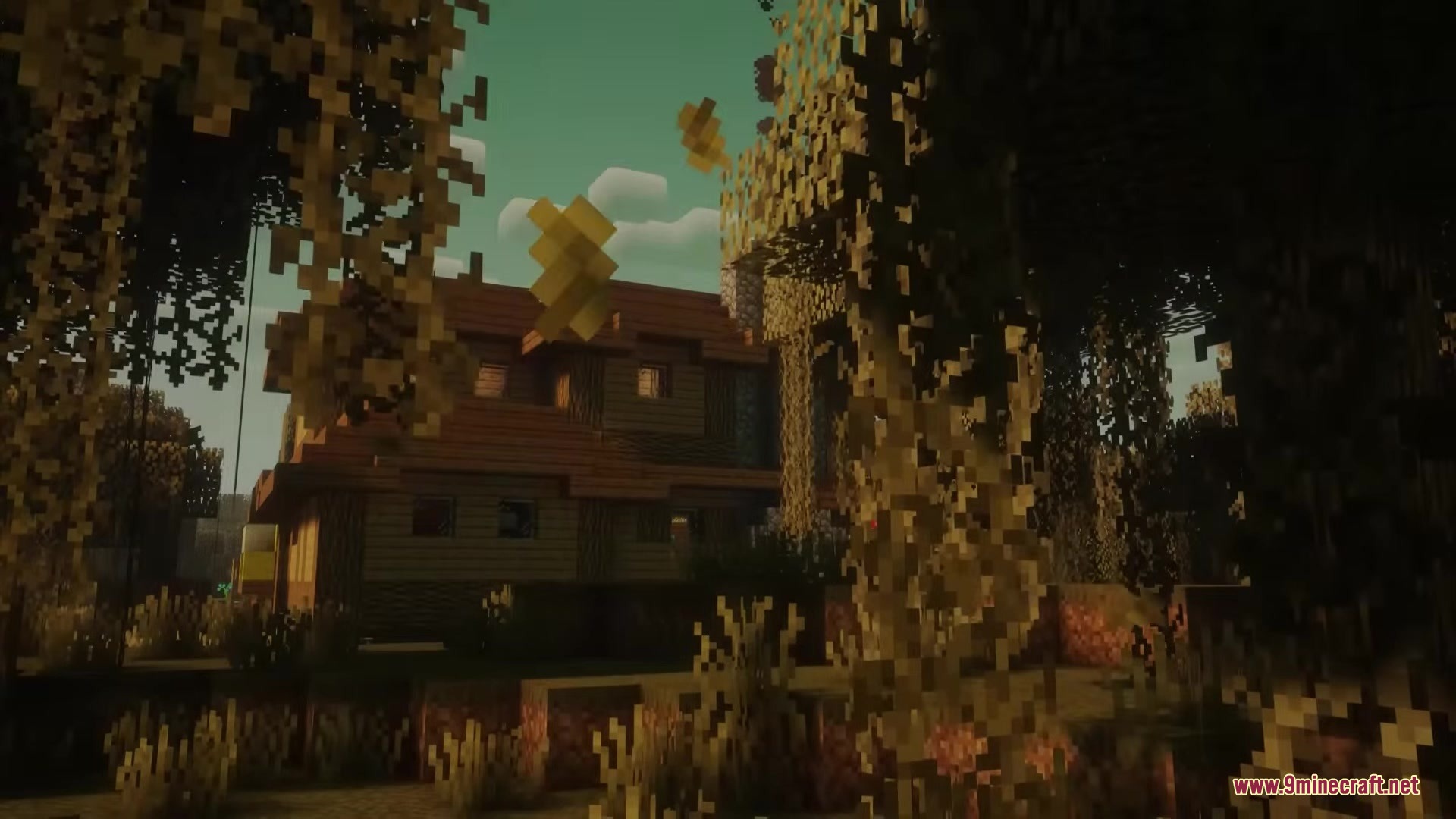 Vintage Resource Pack Screenshot 10 A cozy wooden house viewed through hanging vines during a warm sunset