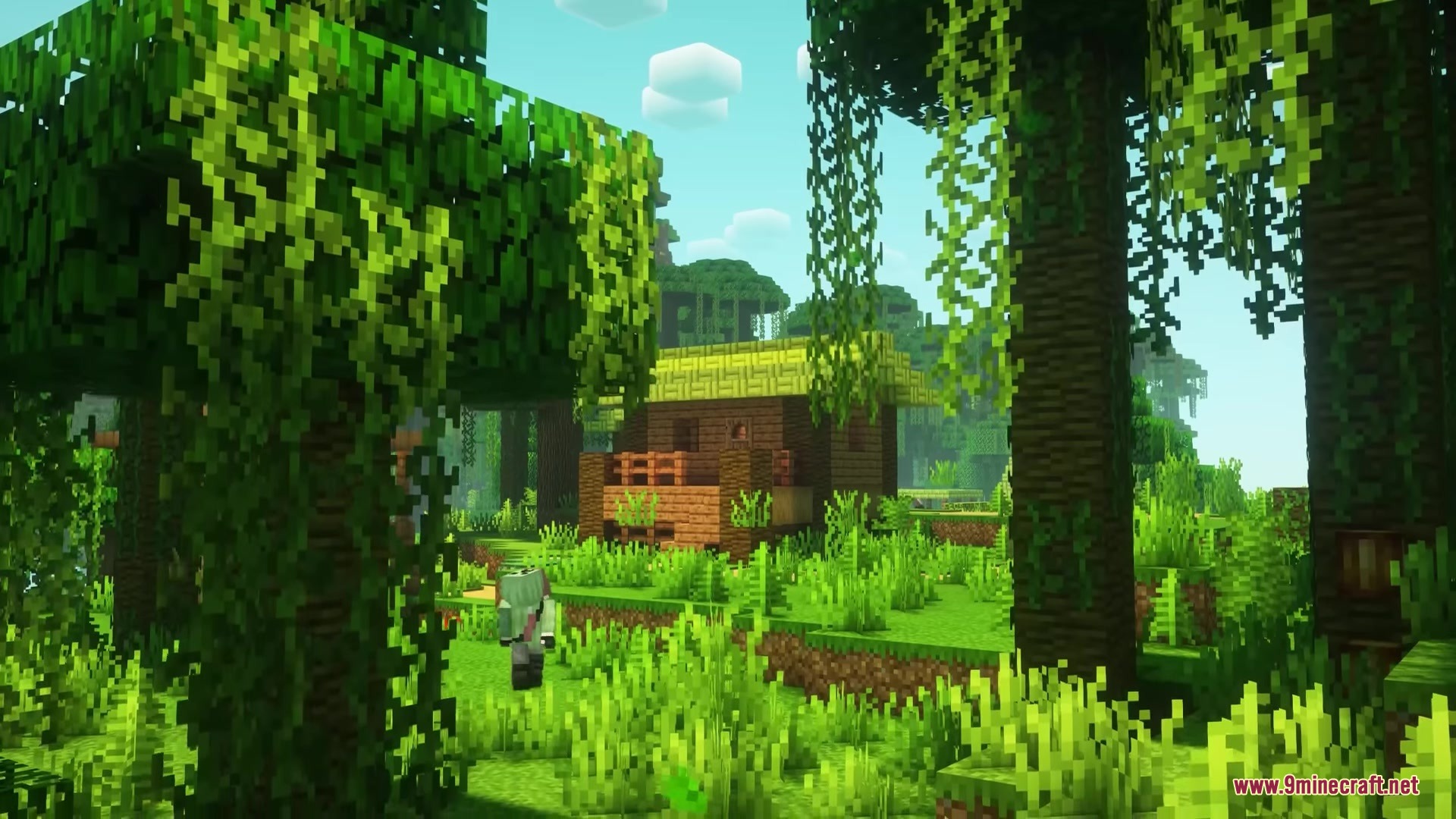 Vintage Resource Pack Screenshot 11 A player character walks through a lush jungle towards a wooden house