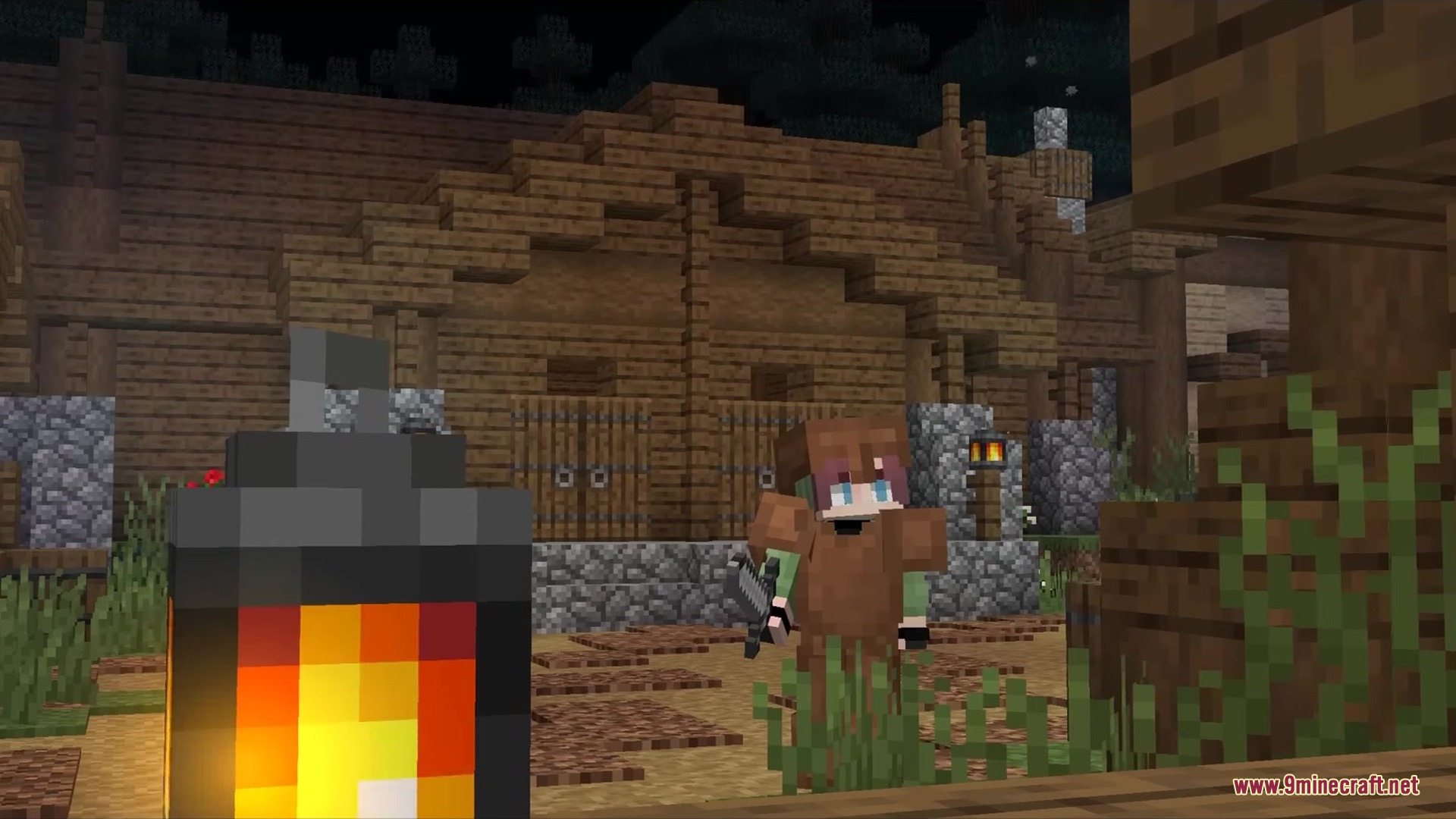 Vintage Resource Pack Screenshot 2 A player wearing brown armor stands outside a wooden building during the night