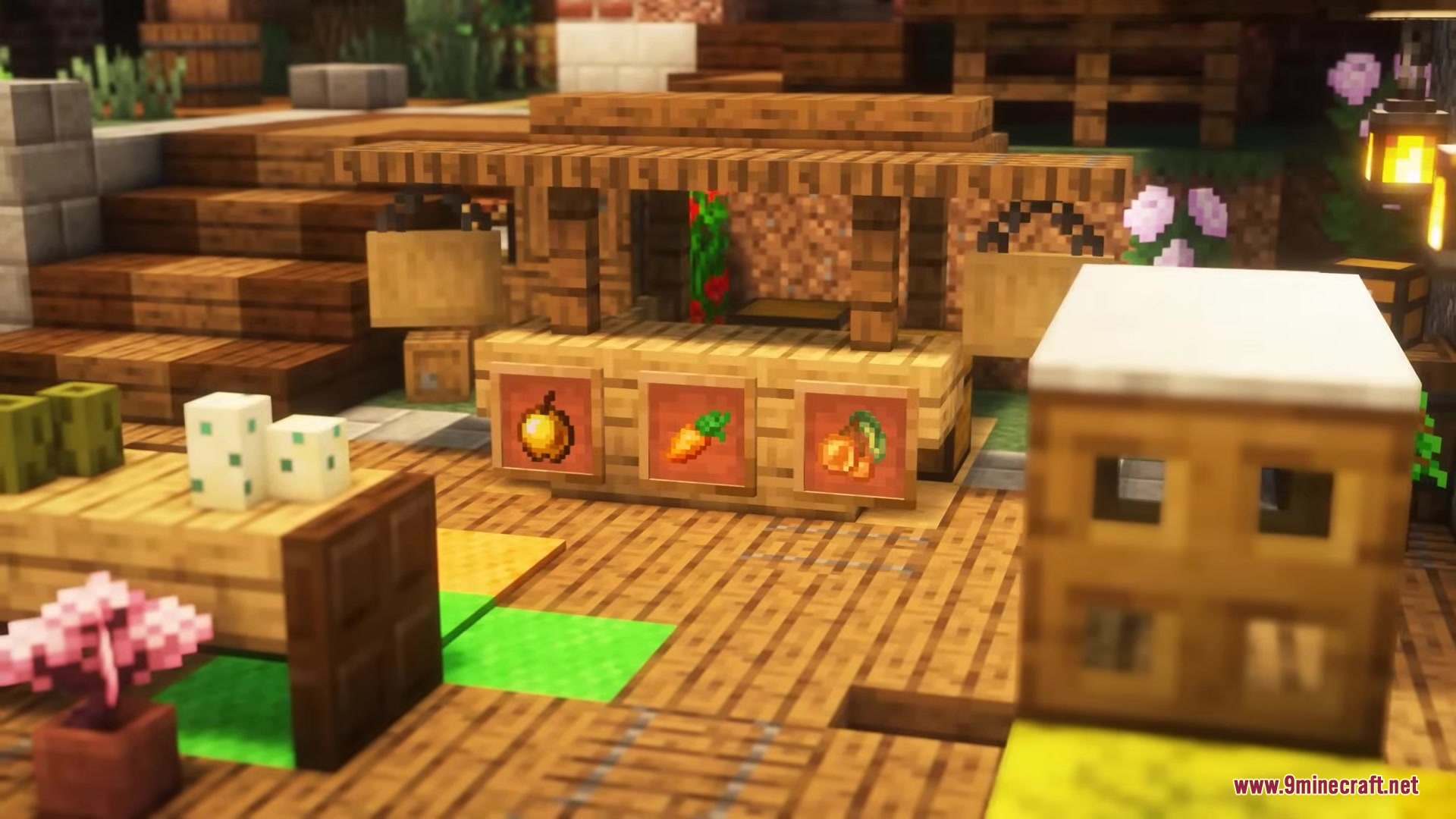 Vintage Resource Pack Screenshot 3 A cozy wooden market stall displaying food items in item frames