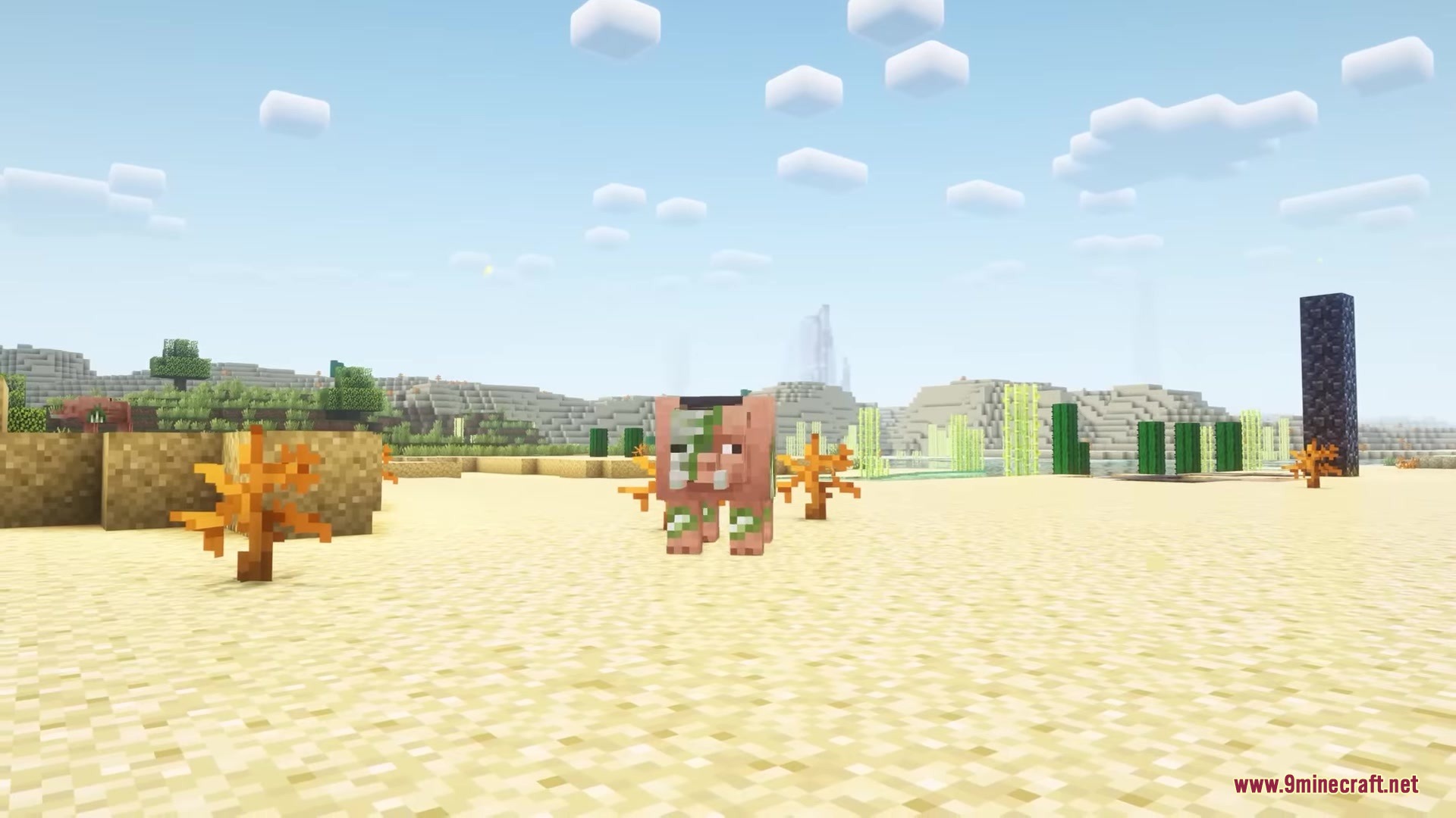 Vintage Resource Pack Screenshot 6 A mossy Hoglin variant walks across a desert under a clear sky