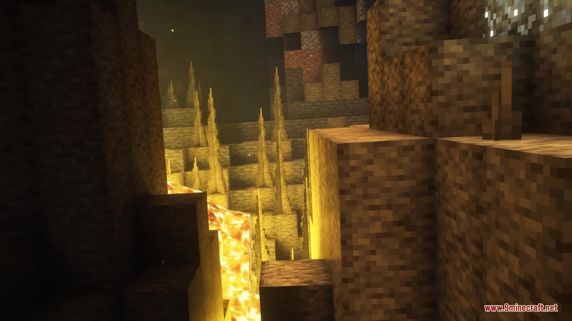 Vintage Resource Pack Screenshot 9 A dark underground cavern features glowing lava and sharp stone stalactites