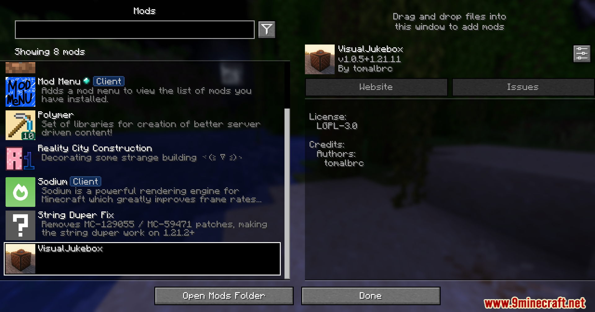 The Minecraft mod menu screen displaying information for the Visual Jukebox mod
