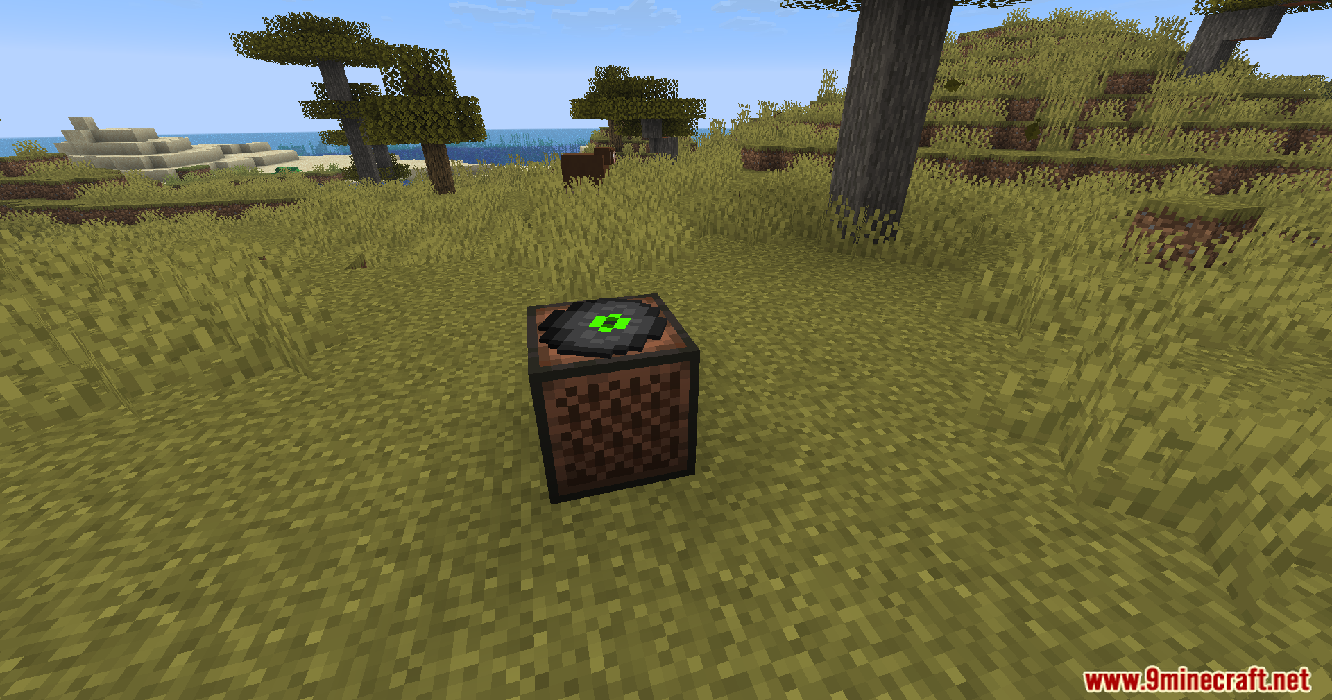 A green music disc sits on top of a jukebox in the savanna