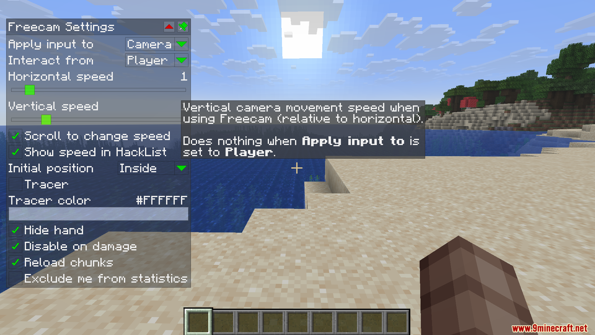 The freecam settings menu provides various options for camera movement and display