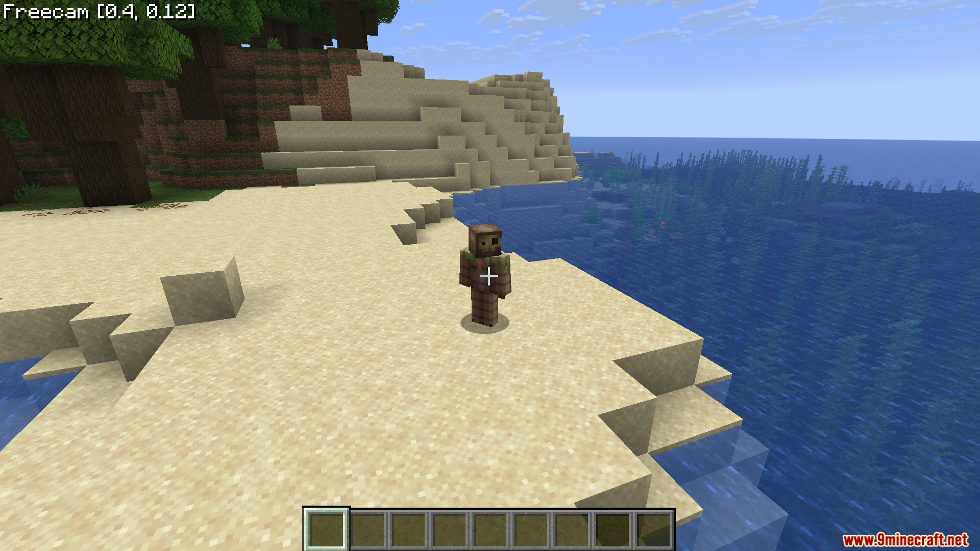 High angle perspective of a player character standing on a sandy beach