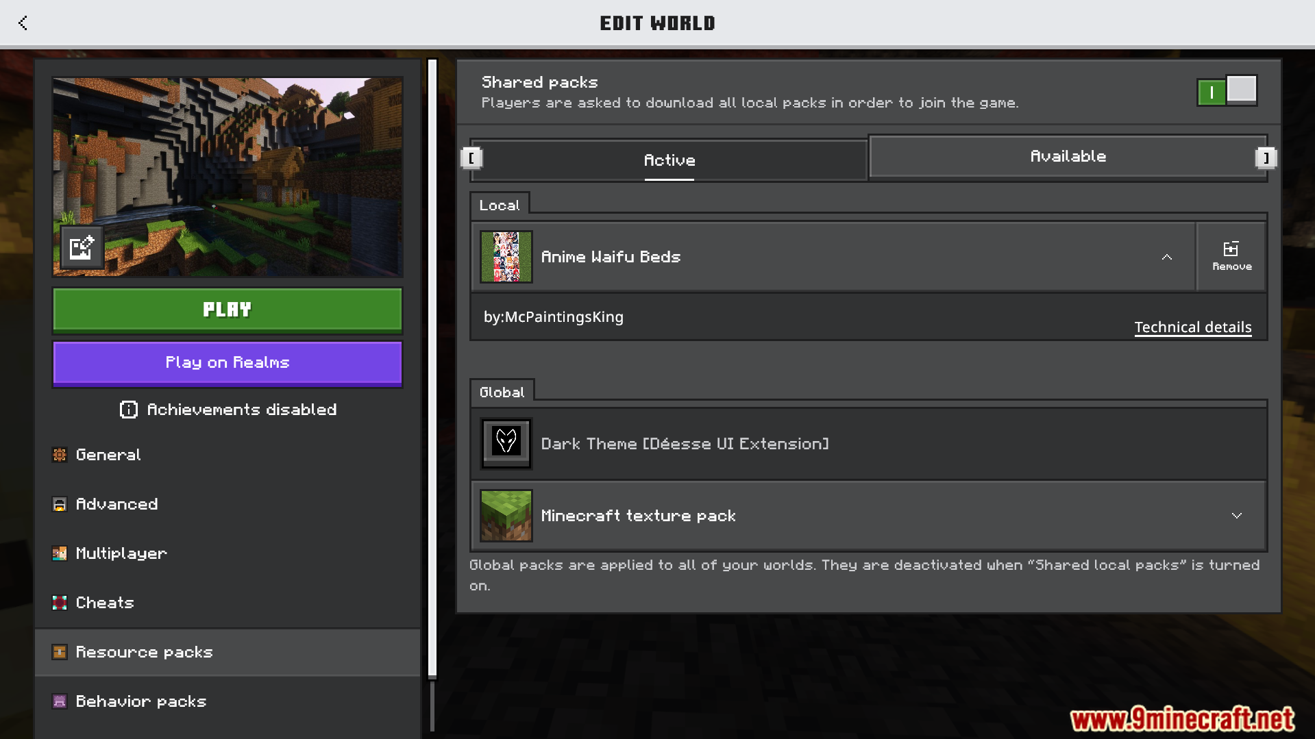 Minecraft edit world screen with the Anime Waifu Beds texture pack active