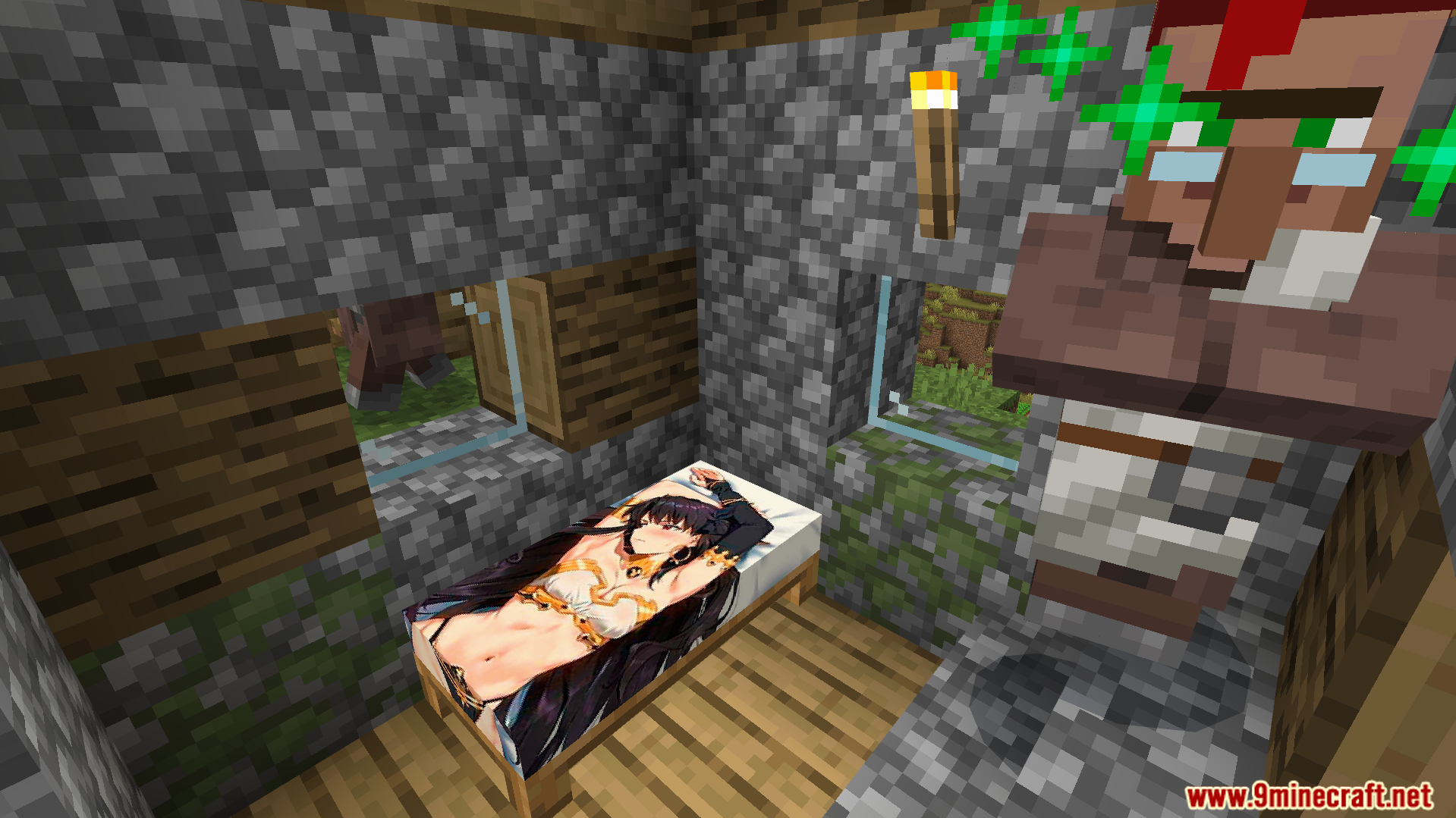A villager standing next to a bed featuring custom anime character artwork
