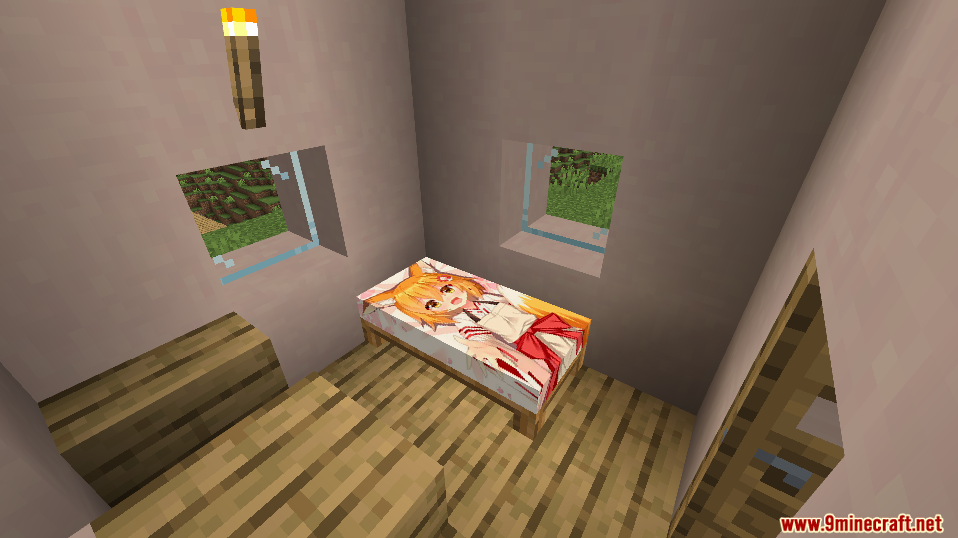 A bed with custom anime character artwork inside a small stone room