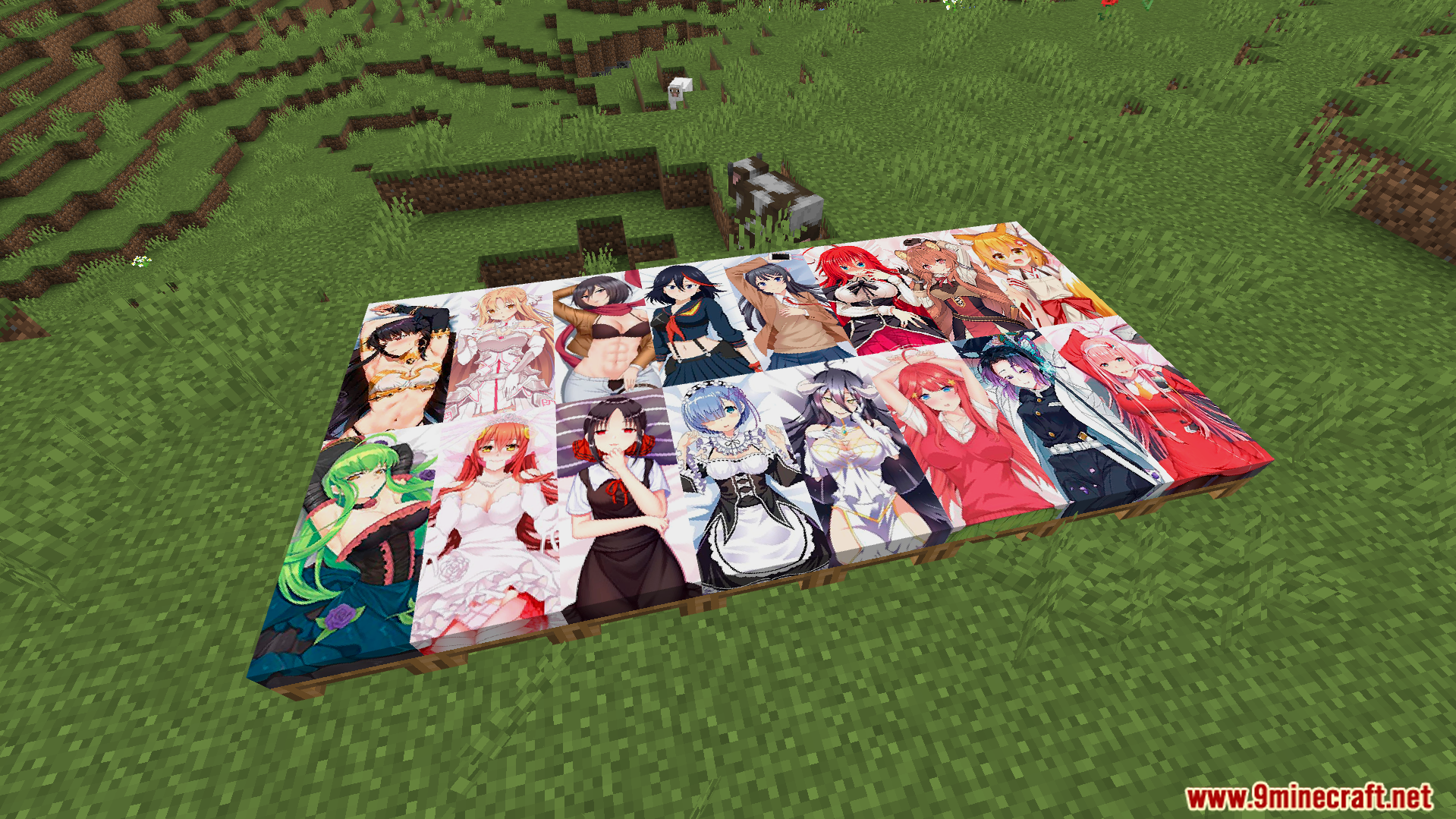 Waifu Anime Beds Texture Pack showcasing sixteen unique character designs on grass
