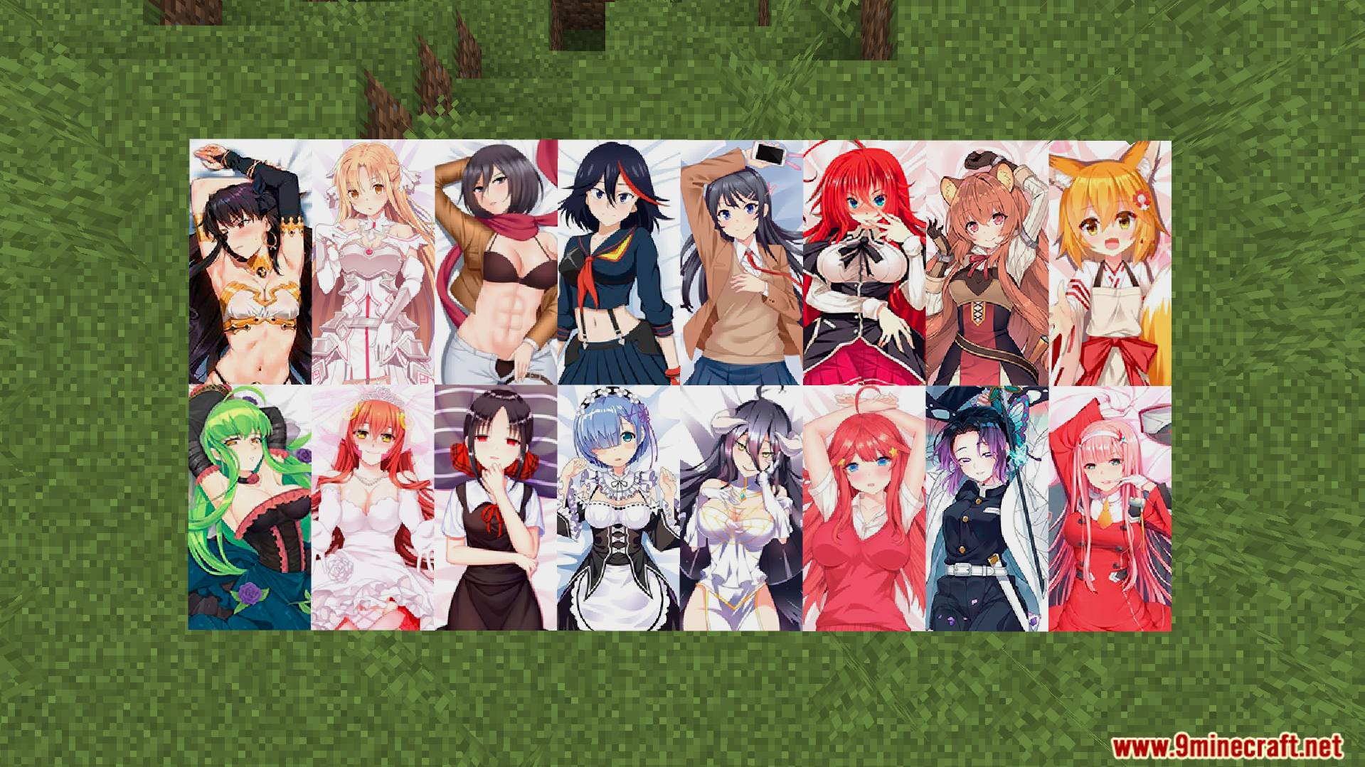 Waifu Anime Beds Texture Pack showcases sixteen unique character designs on grass