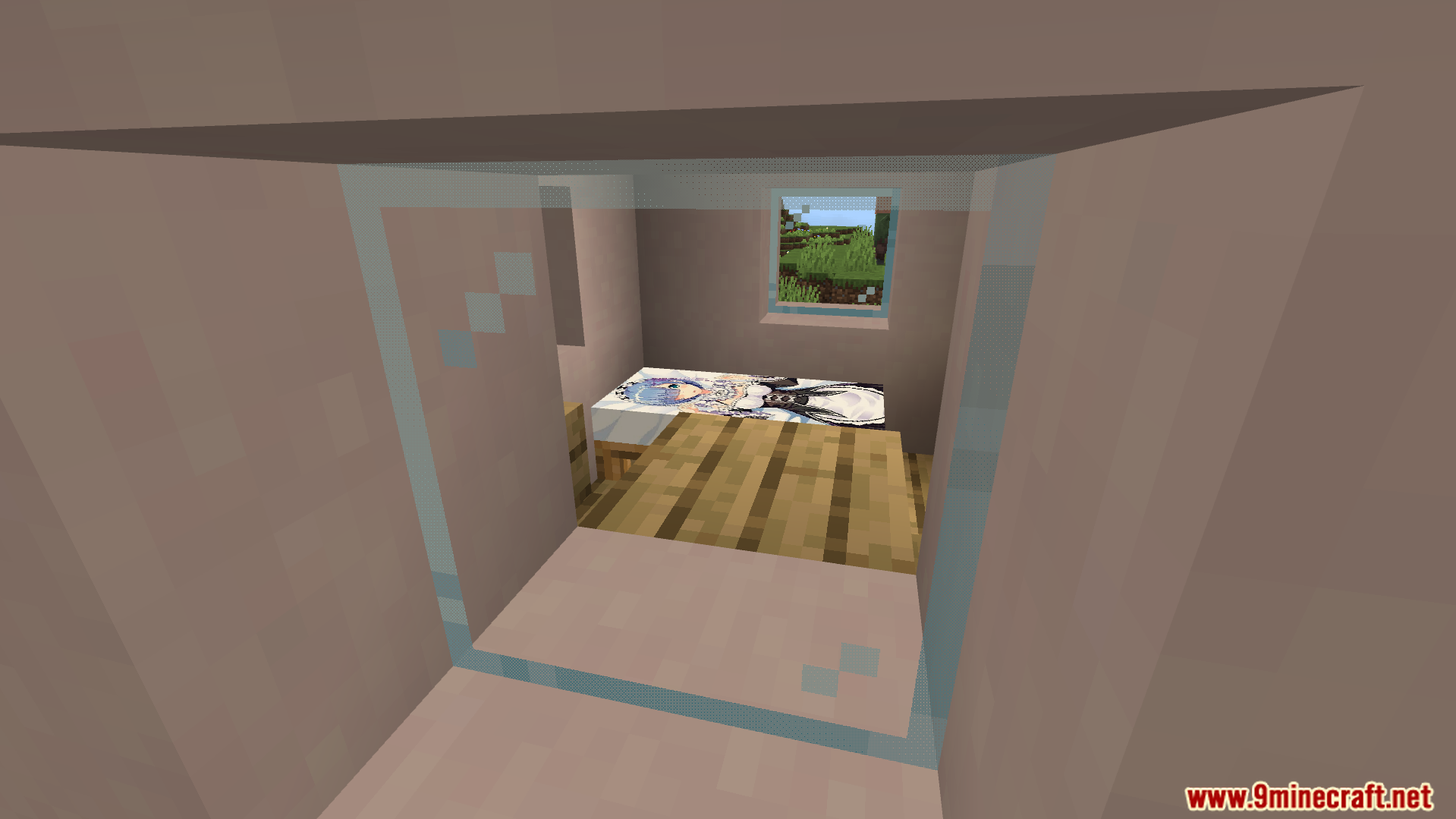A single bed with anime character art placed inside a small room