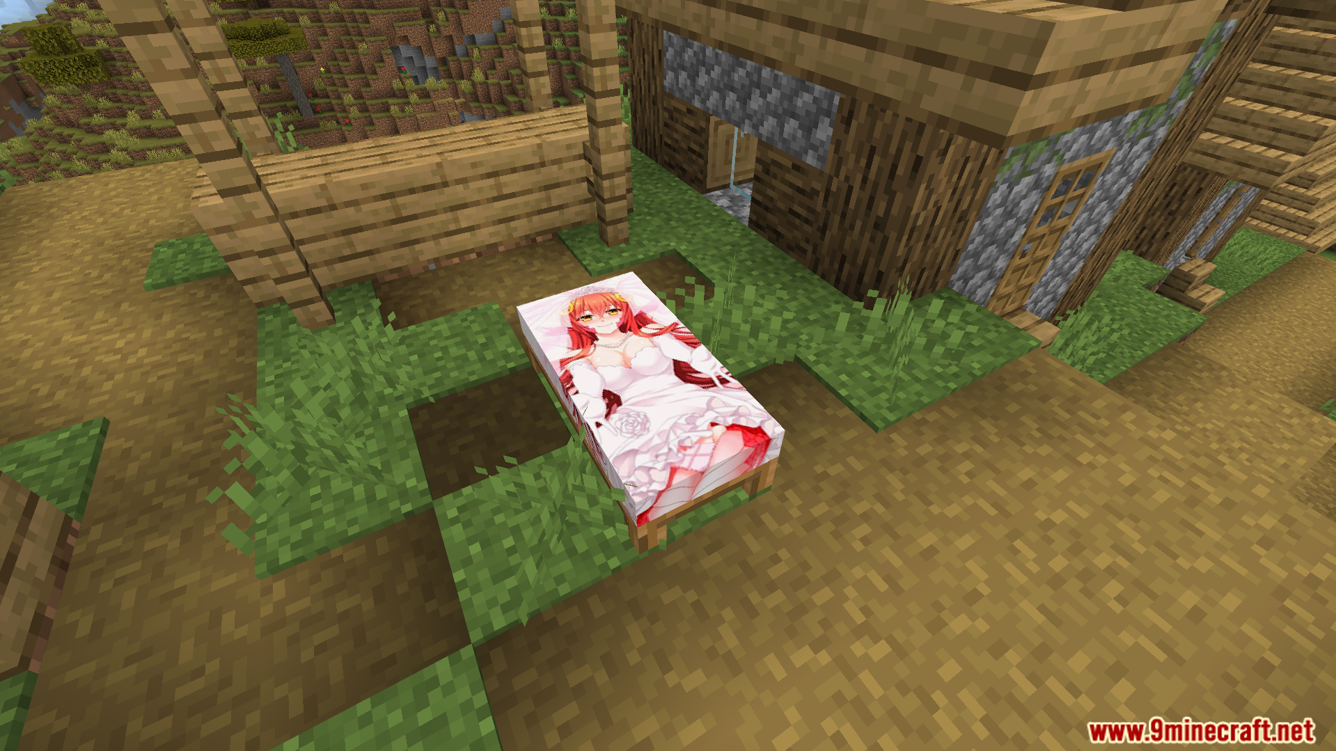 Waifu Anime Beds Texture Pack adds custom character artwork to a Minecraft bed