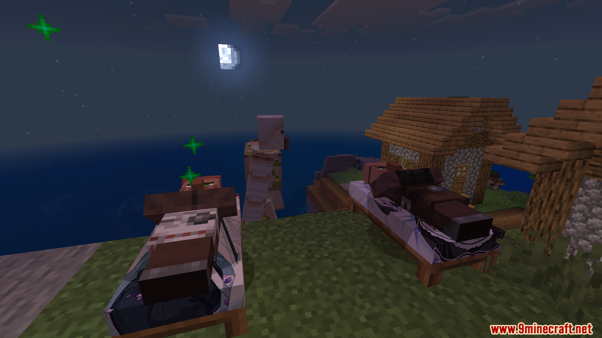 Villagers sleeping on custom anime beds at night with an iron golem