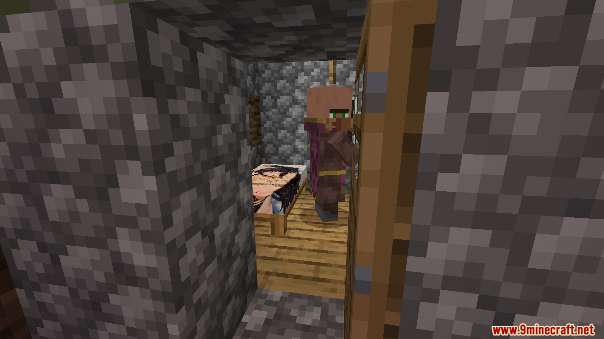 A villager standing in a cobblestone room next to a custom anime bed
