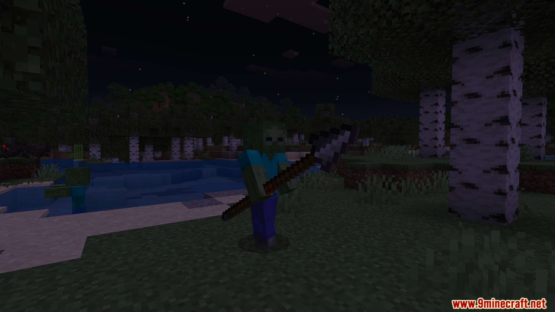 White 3D Outline Texture Pack Screenshot 4 A zombie holding a spear with white outlines near a river at night