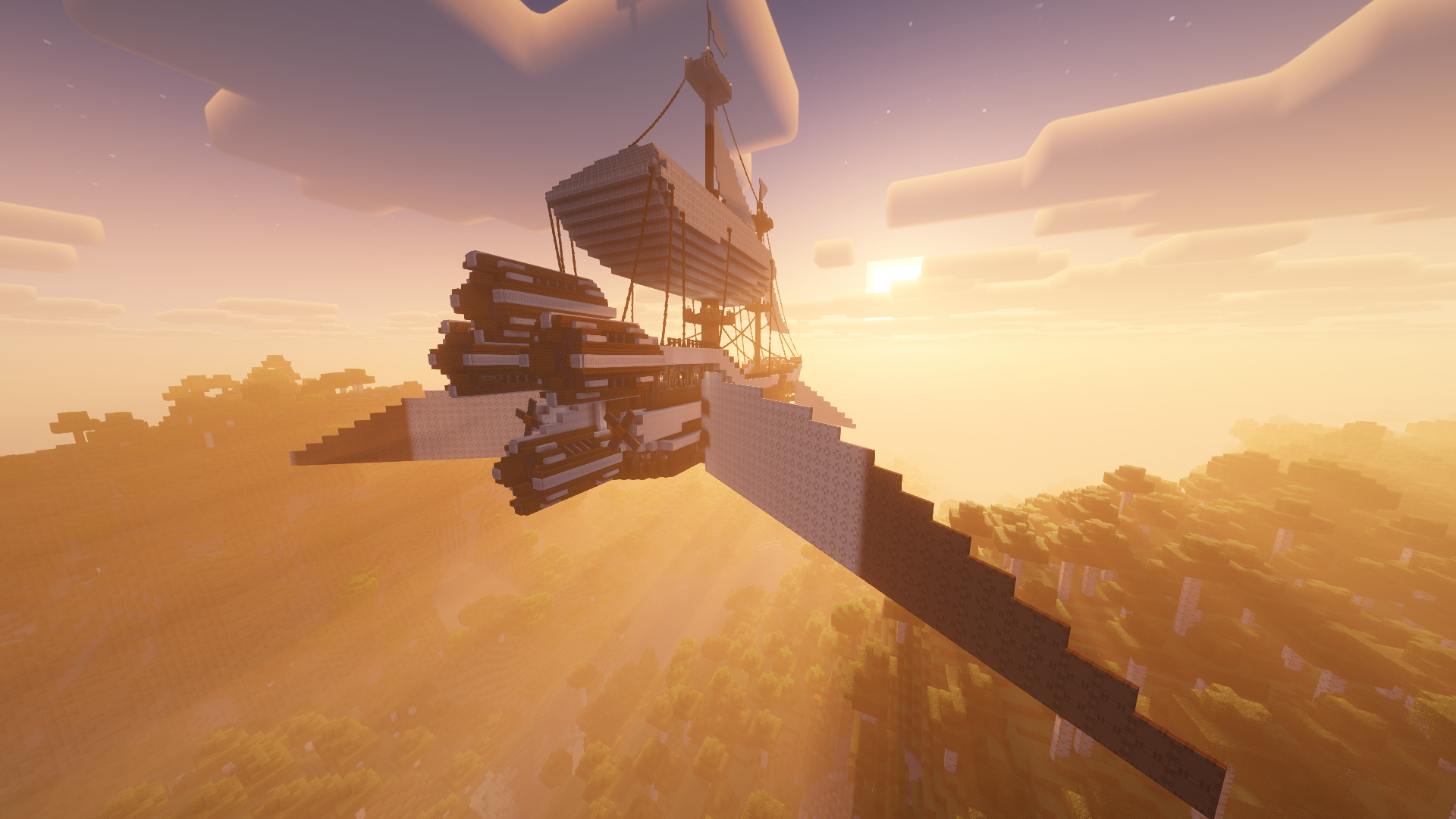 White Tempest the Winged Storm of the Skies Schematic Screenshots 1 The White Tempest flying ship soaring through the sky above a forest biome
