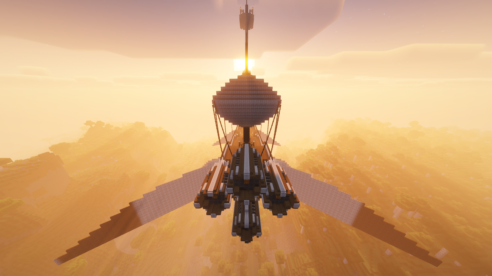 White Tempest the Winged Storm of the Skies Schematic Screenshots 2 Symmetrical rear view of a white winged airship flying against a sunset