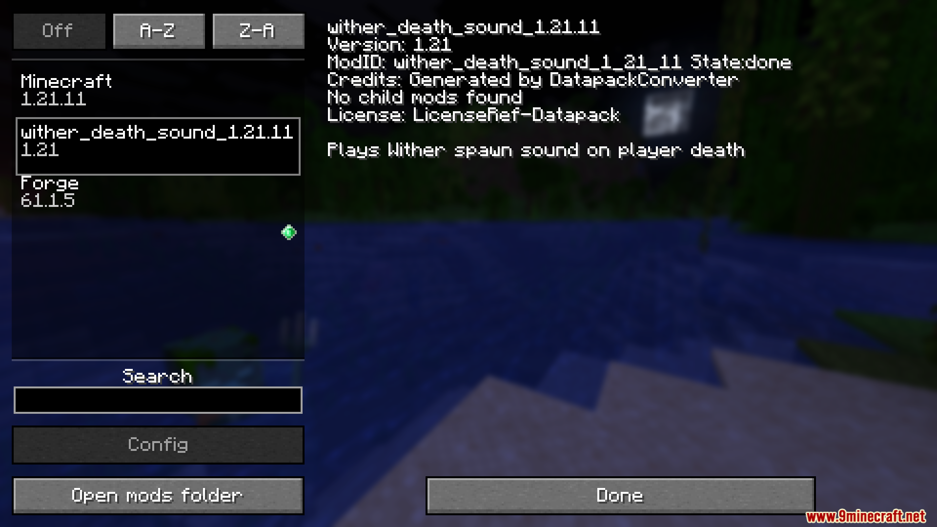 Wither Death Sounds Mod Screenshot 1 The Minecraft mod list menu displays information about the Wither Death Sounds mod