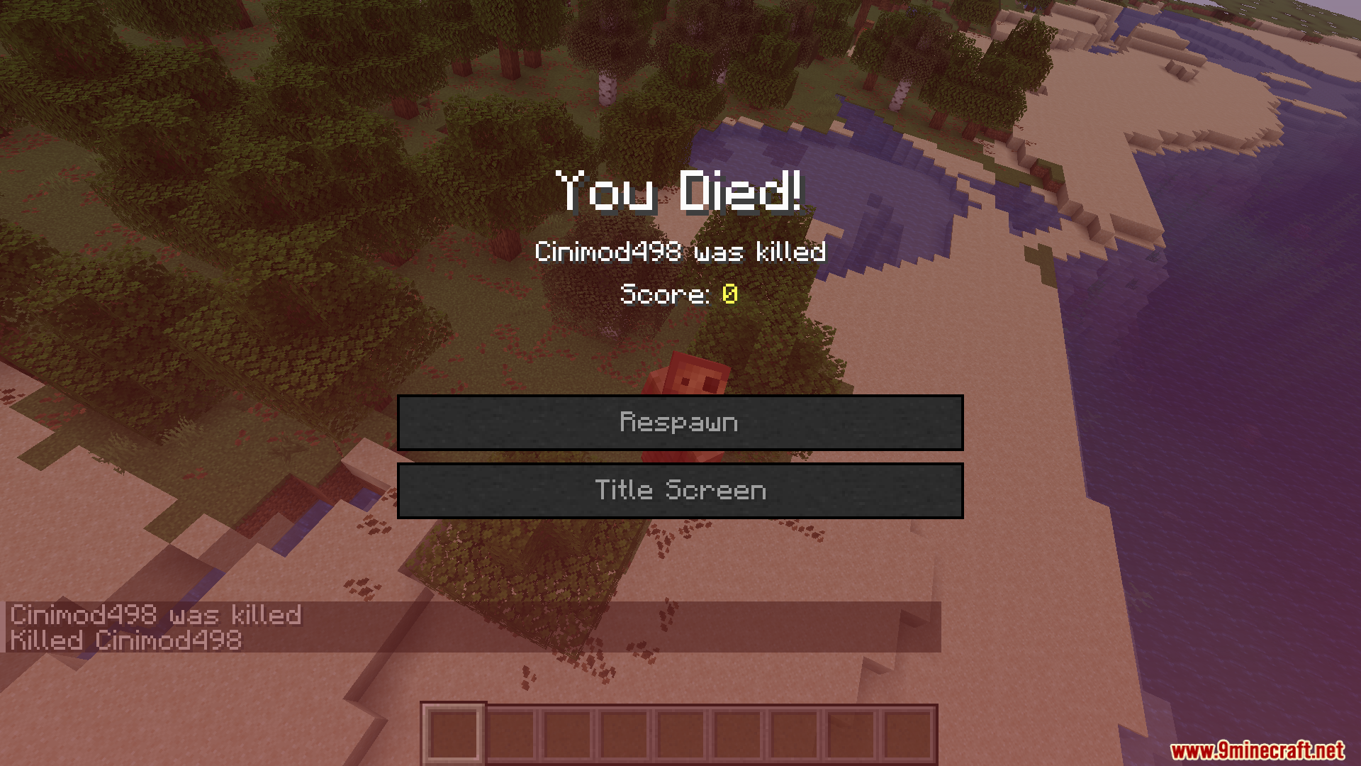 Wither Death Sounds Mod Screenshot 4 Minecraft death screen appearing after a player is killed near a forest and beach