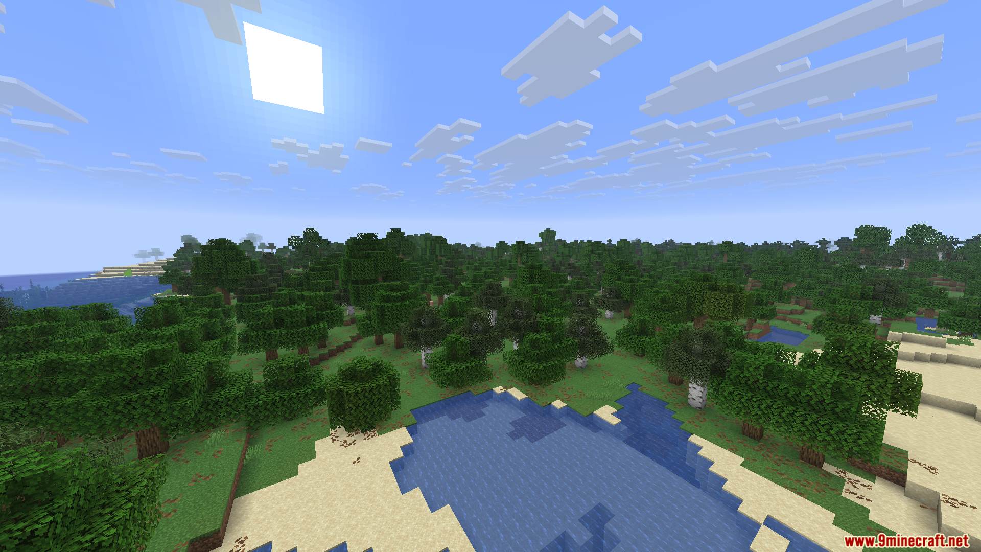 Wither Death Sounds Mod Screenshot 6 A high angle view of a Minecraft forest landscape with a small lake