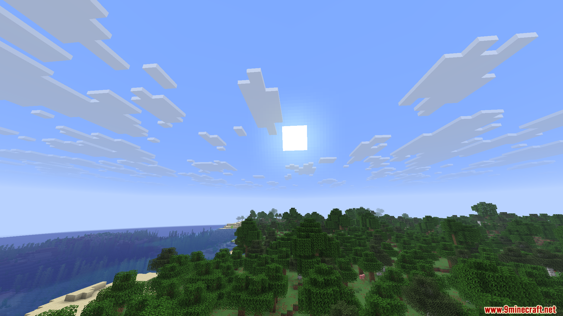 Wither Death Sounds Mod Screenshot 7 Bright square sun shining over a lush green forest and blue ocean