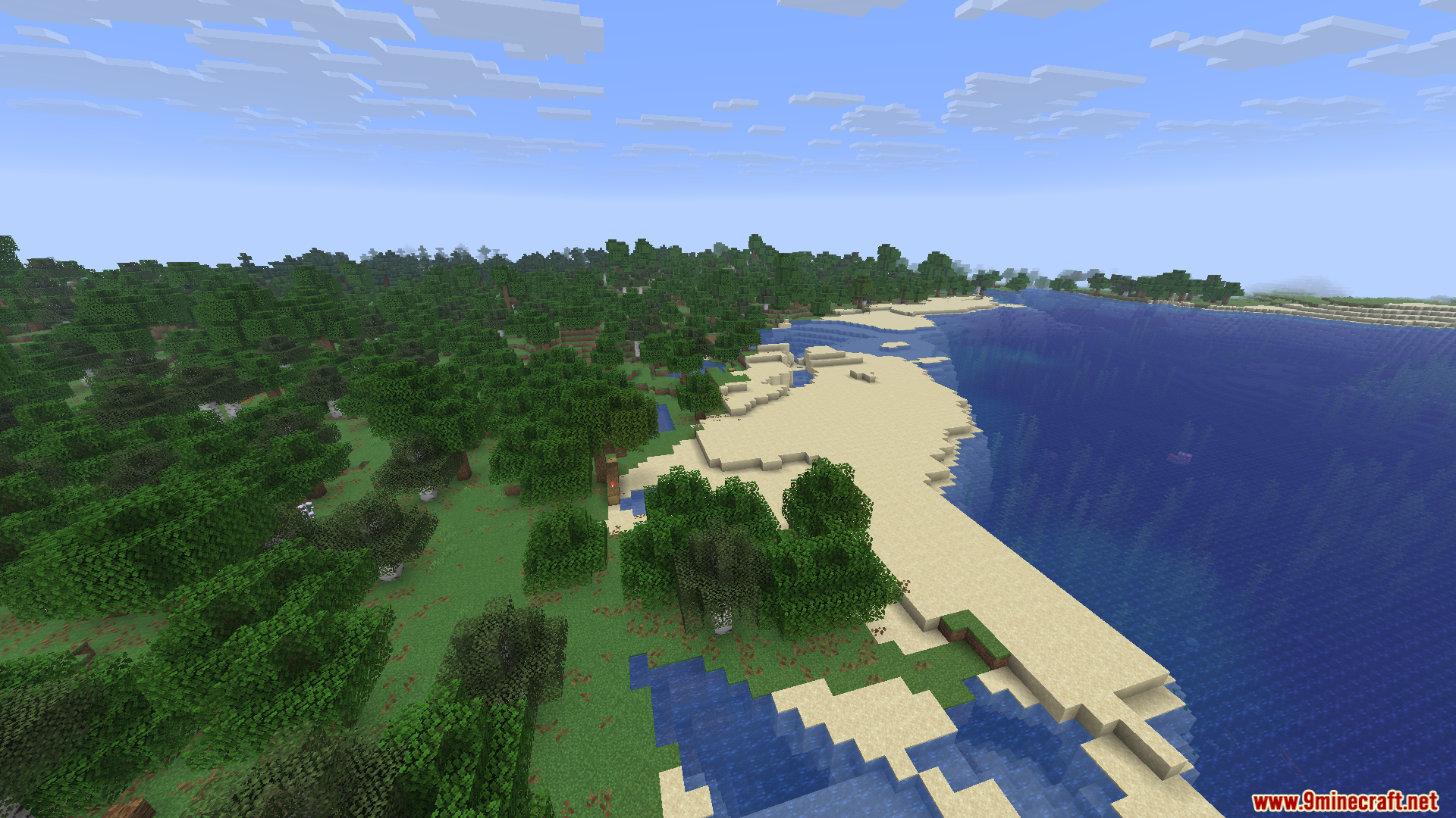 Wither Death Sounds Mod Screenshot 8 Aerial view of a sandy beach next to a dense forest biome