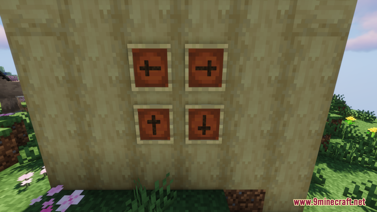 Wood Totem Cross Resource Pack Screenshot 9 Four wooden cross items displayed in item frames on a wooden block wall