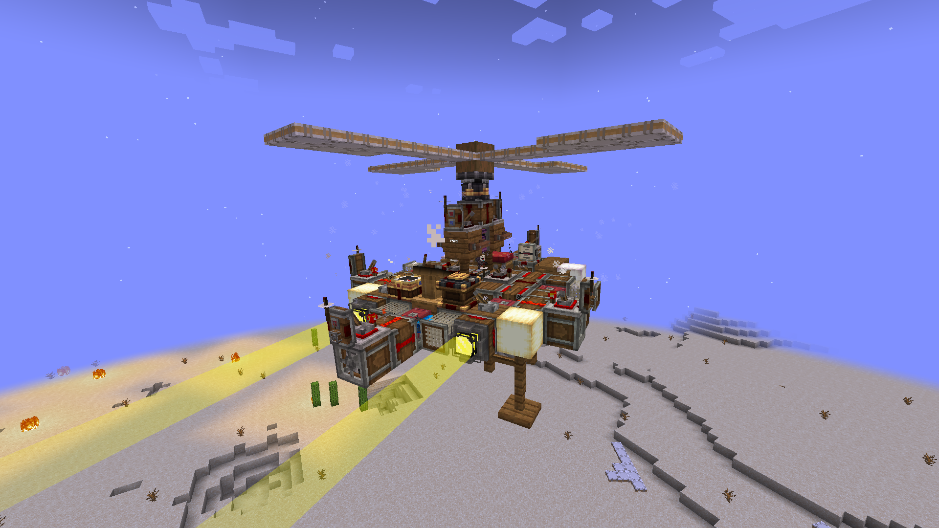 A wooden flying machine with rotating blades hovering over a desert landscape