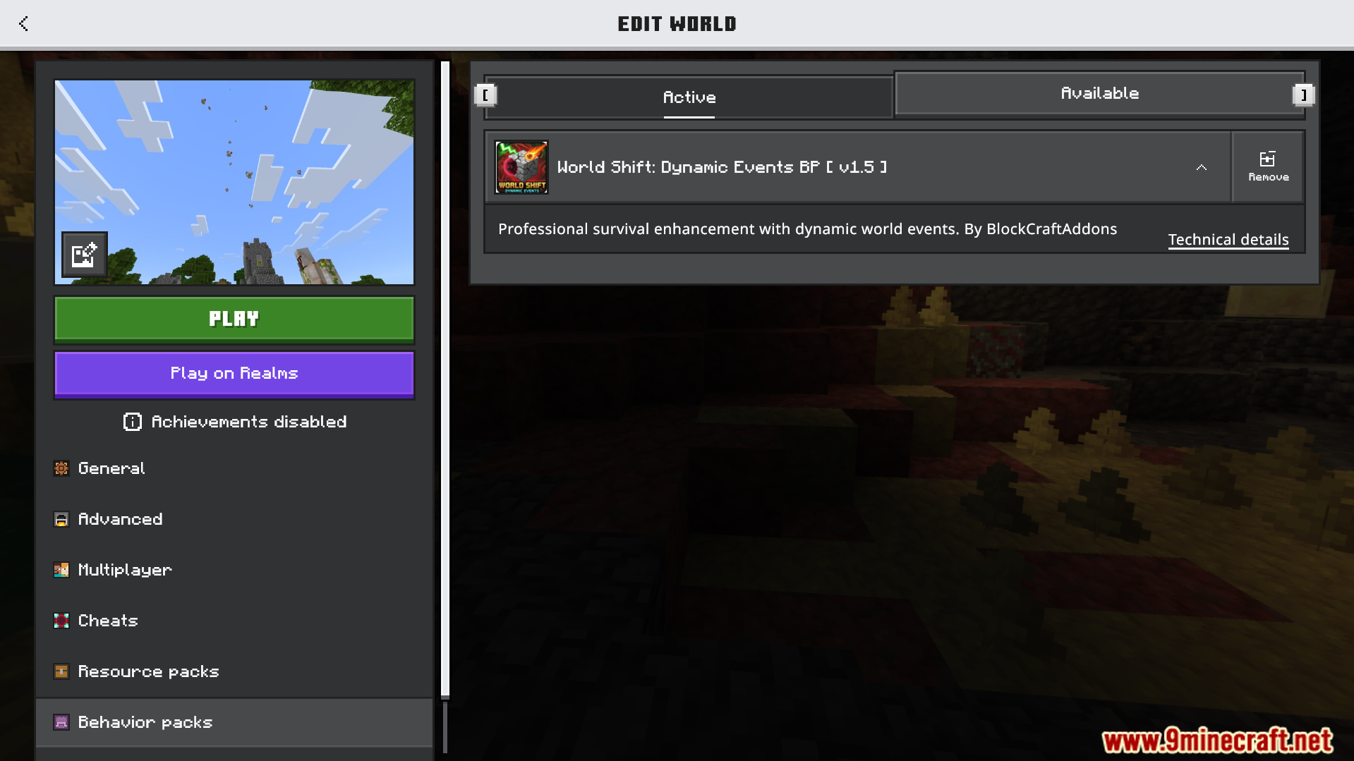 Minecraft settings menu showing the World Shift Dynamic Events behavior pack active