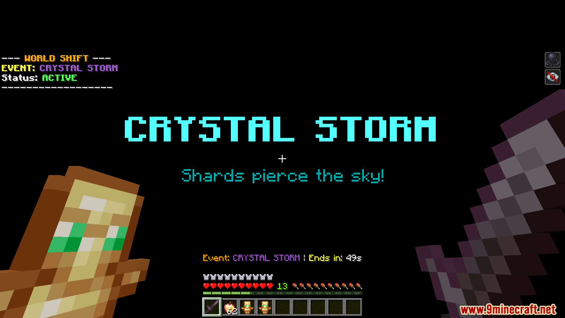 The crystal storm event notification screen from the World Shift Dynamic Events Addon
