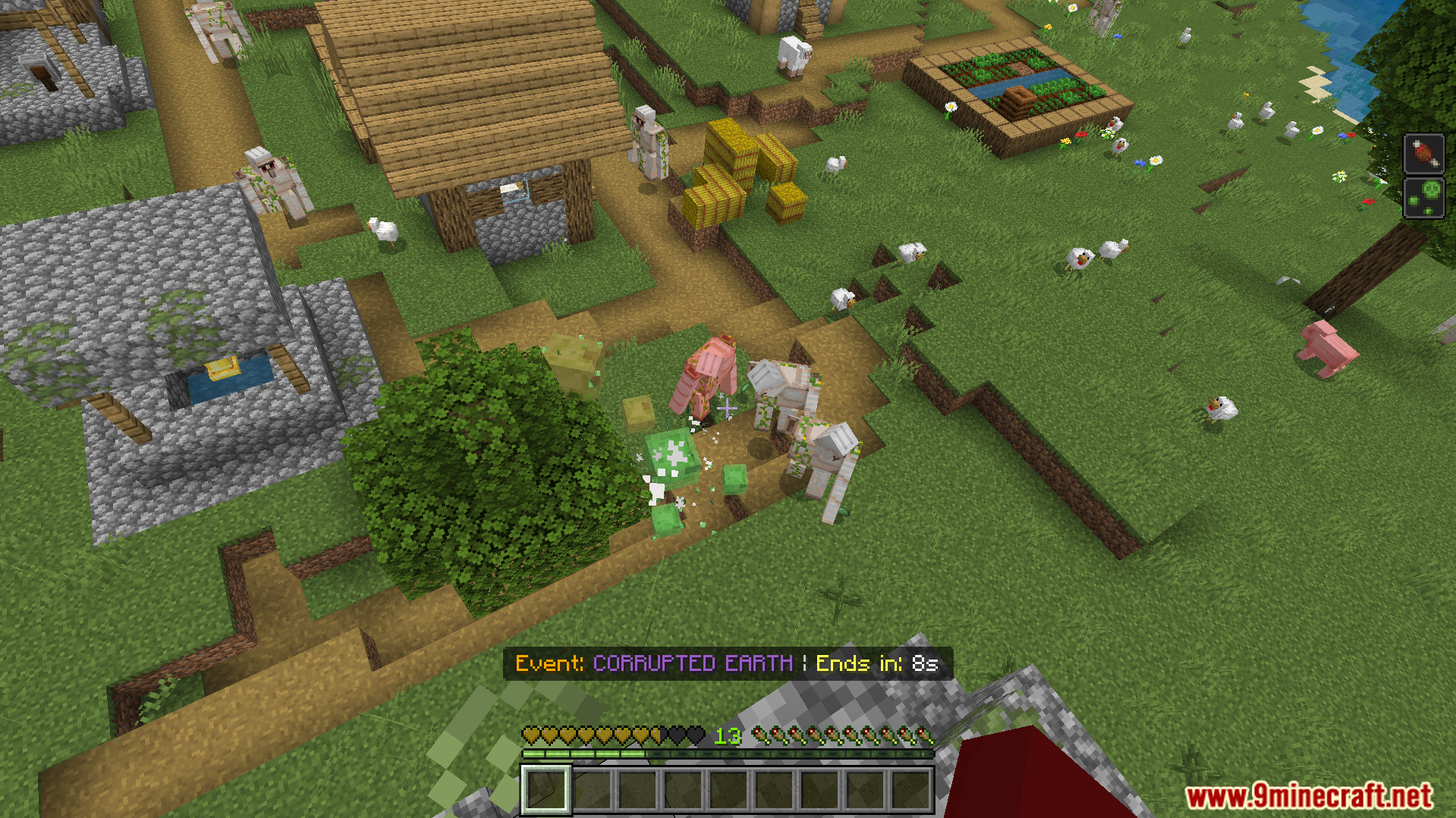 Minecraft village during the Corrupted Earth event with iron golems and mobs