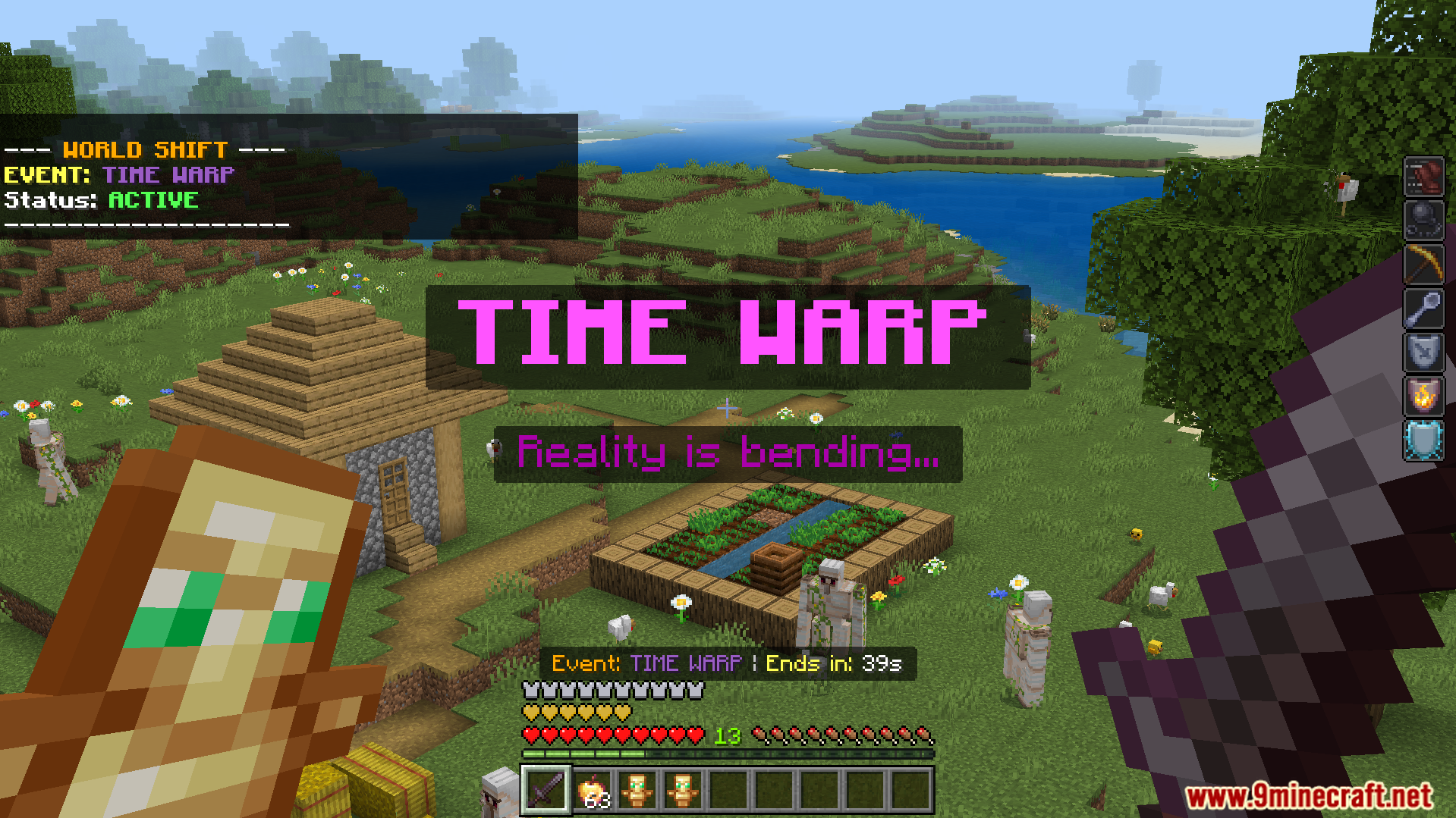 Minecraft player holding a totem during a time warp event with bending reality