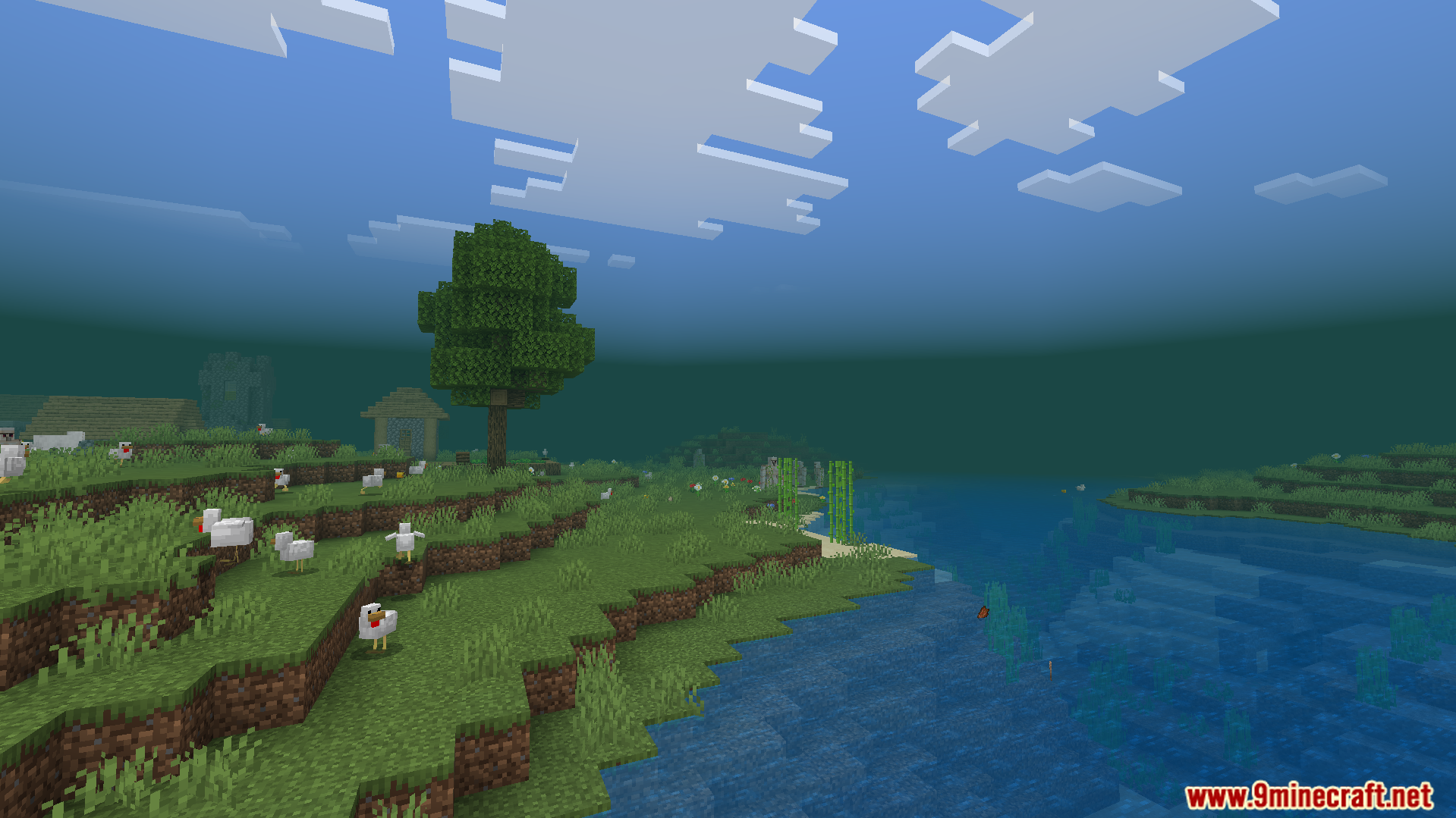 Chickens roaming a grassy field under a mysterious green atmospheric sky