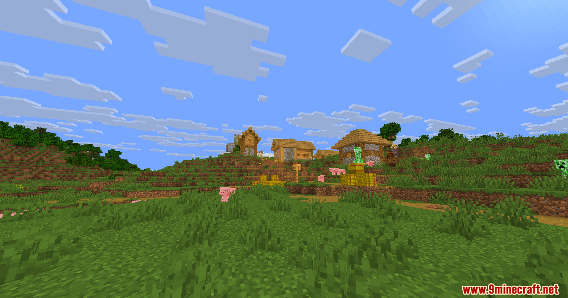 Wozt Vanilla Plus Shaders Screenshot 1 Wozt Vanilla Plus Shaders enhances the village landscape with custom blocky clouds