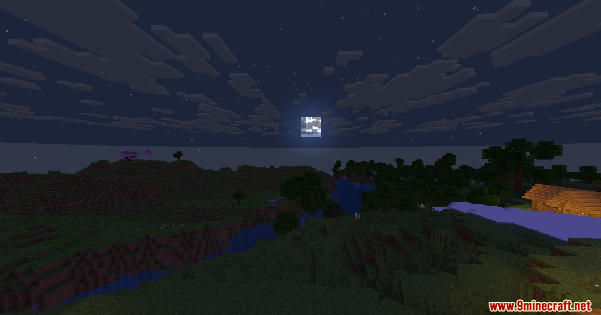 Wozt Vanilla Plus Shaders Screenshot 12 A scenic night landscape featuring a river and hills under a square moon