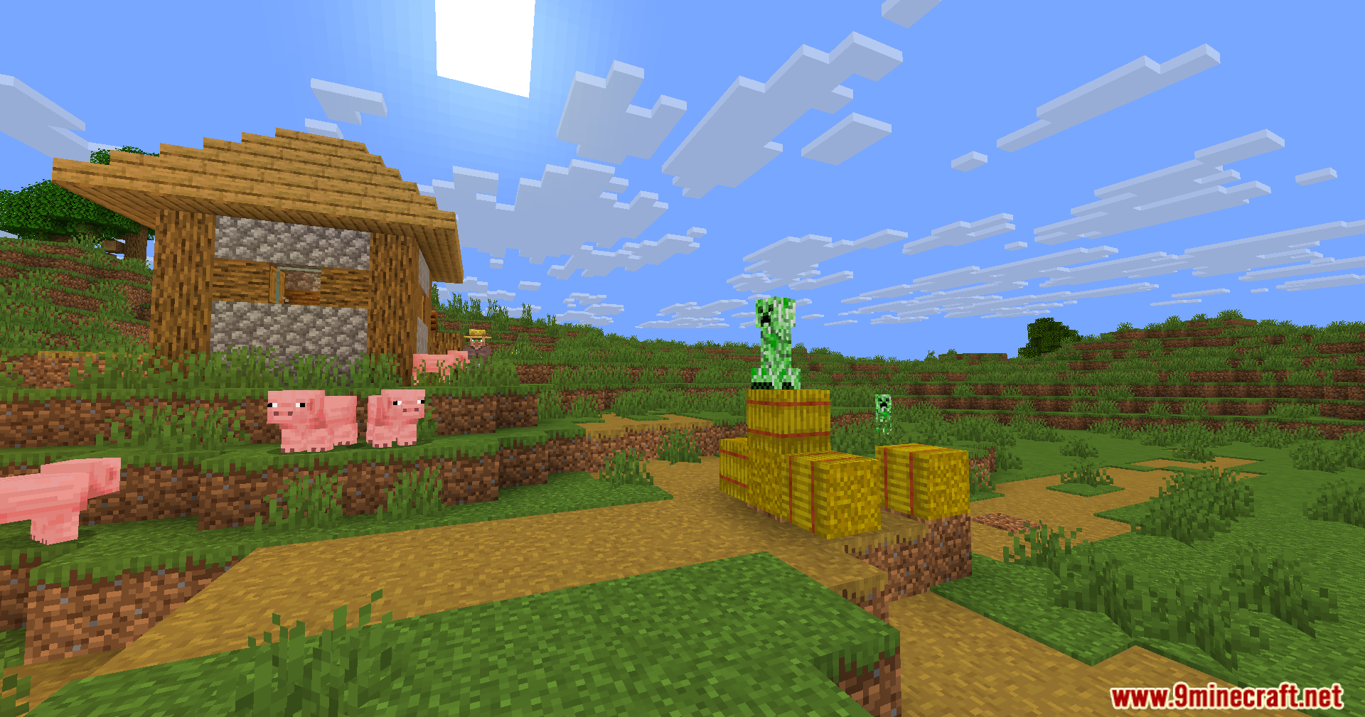 Wozt Vanilla Plus Shaders Screenshot 2 A creeper standing on hay bales near pigs in a bright sunny village