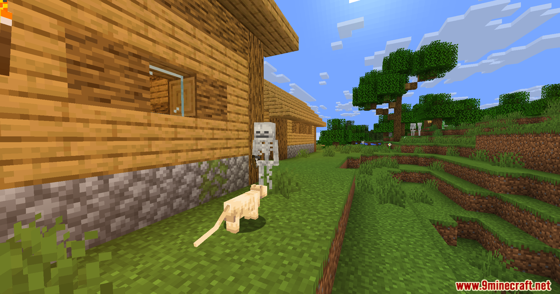 Wozt Vanilla Plus Shaders Screenshot 3 A skeleton and a cat stand near a wooden house under bright sunlight