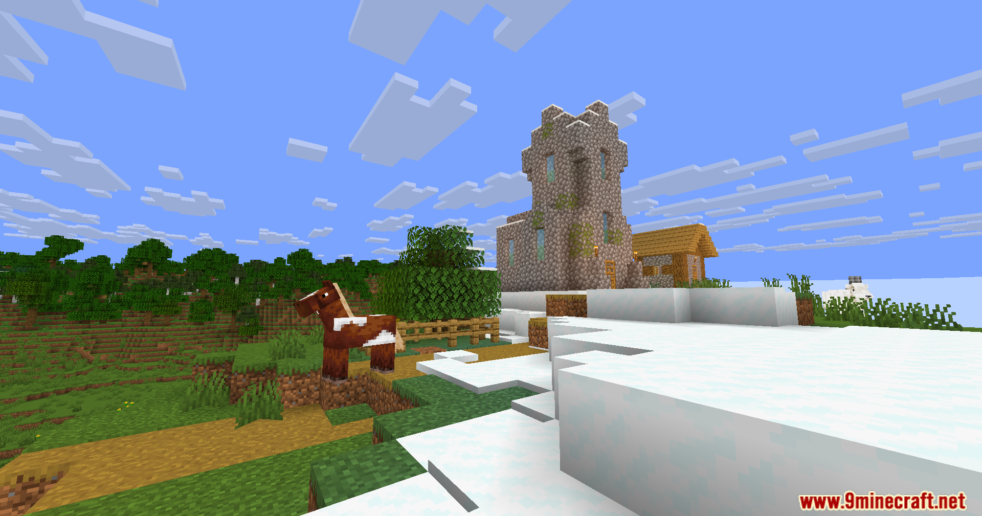 Wozt Vanilla Plus Shaders Screenshot 4 A brown horse stands in a snowy village with Wozt Vanilla Plus Shaders