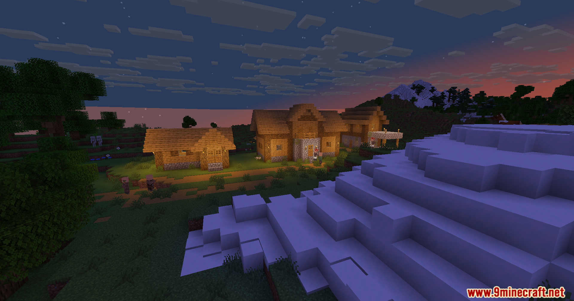 Wozt Vanilla Plus Shaders Screenshot 7 A small village at dusk showcasing Wozt Vanilla Plus Shaders and blocky clouds