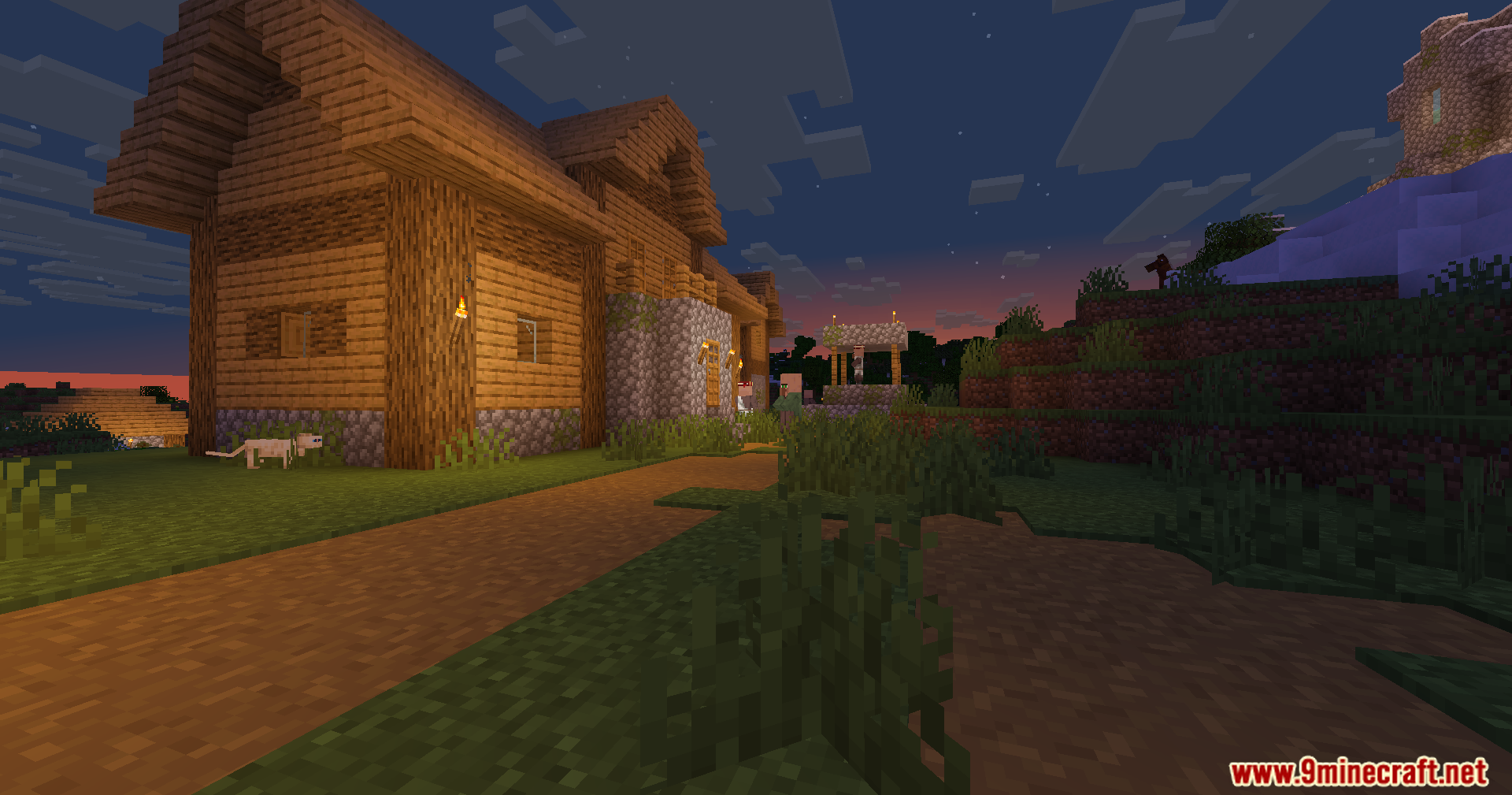 Wozt Vanilla Plus Shaders Screenshot 8 Close view of a wooden house with warm lighting during a Minecraft sunset