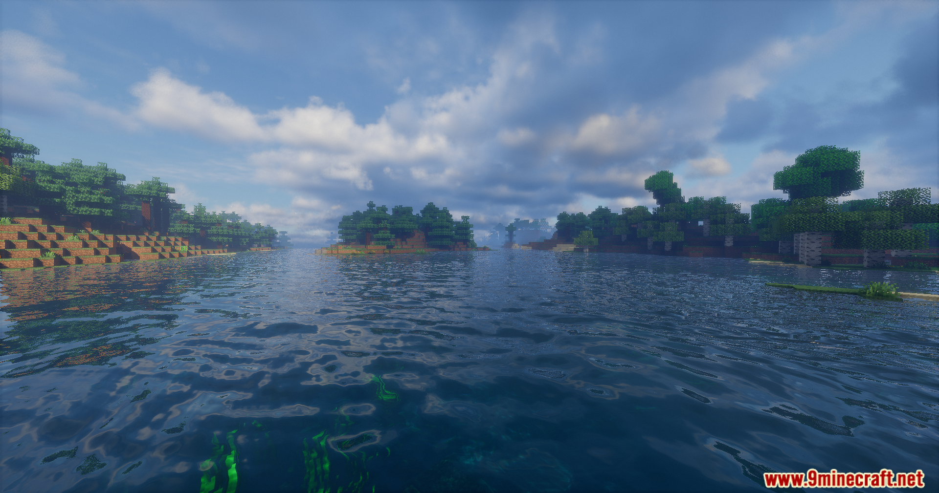 Realistic water reflections and waves under a cloudy sky in Minecraft