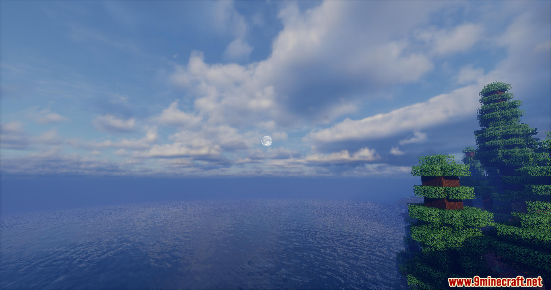 Realistic water reflections and a detailed moon over a vast ocean